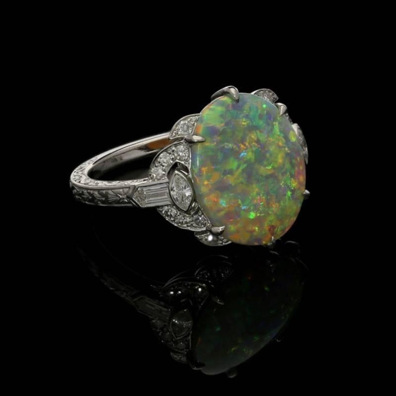 Contemporary Hancocks Opal and Diamond Ring Set in Platinum with Diamond Shoulders For Sale