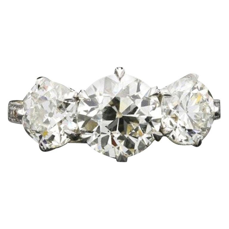 Three-stone 3.64-carat old European-cut diamond ring