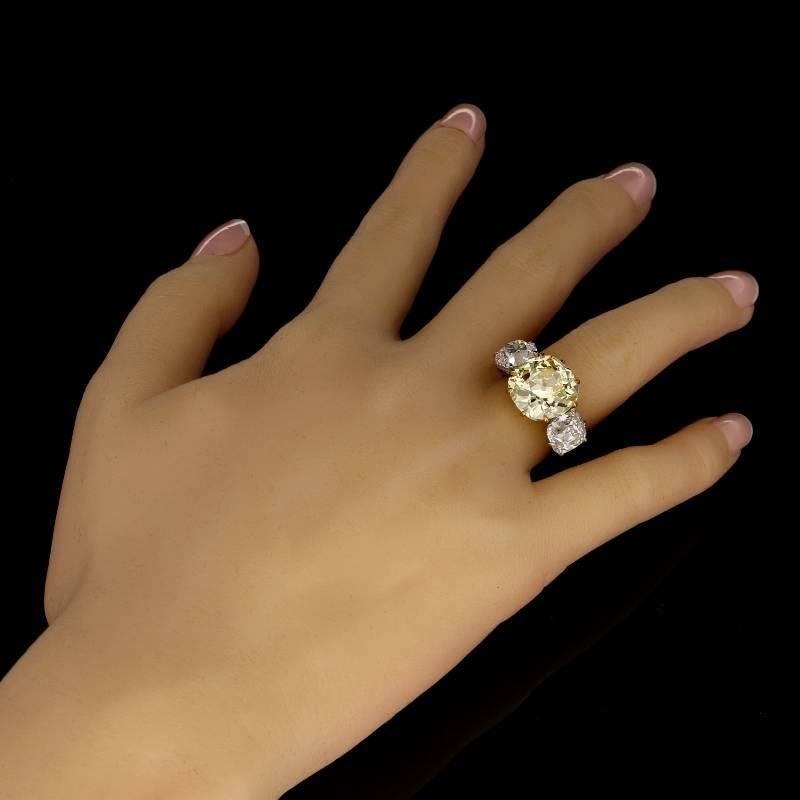 Women's or Men's Hancocks Three-Stone Diamond and Fancy Intense Yellow Diamond Ring