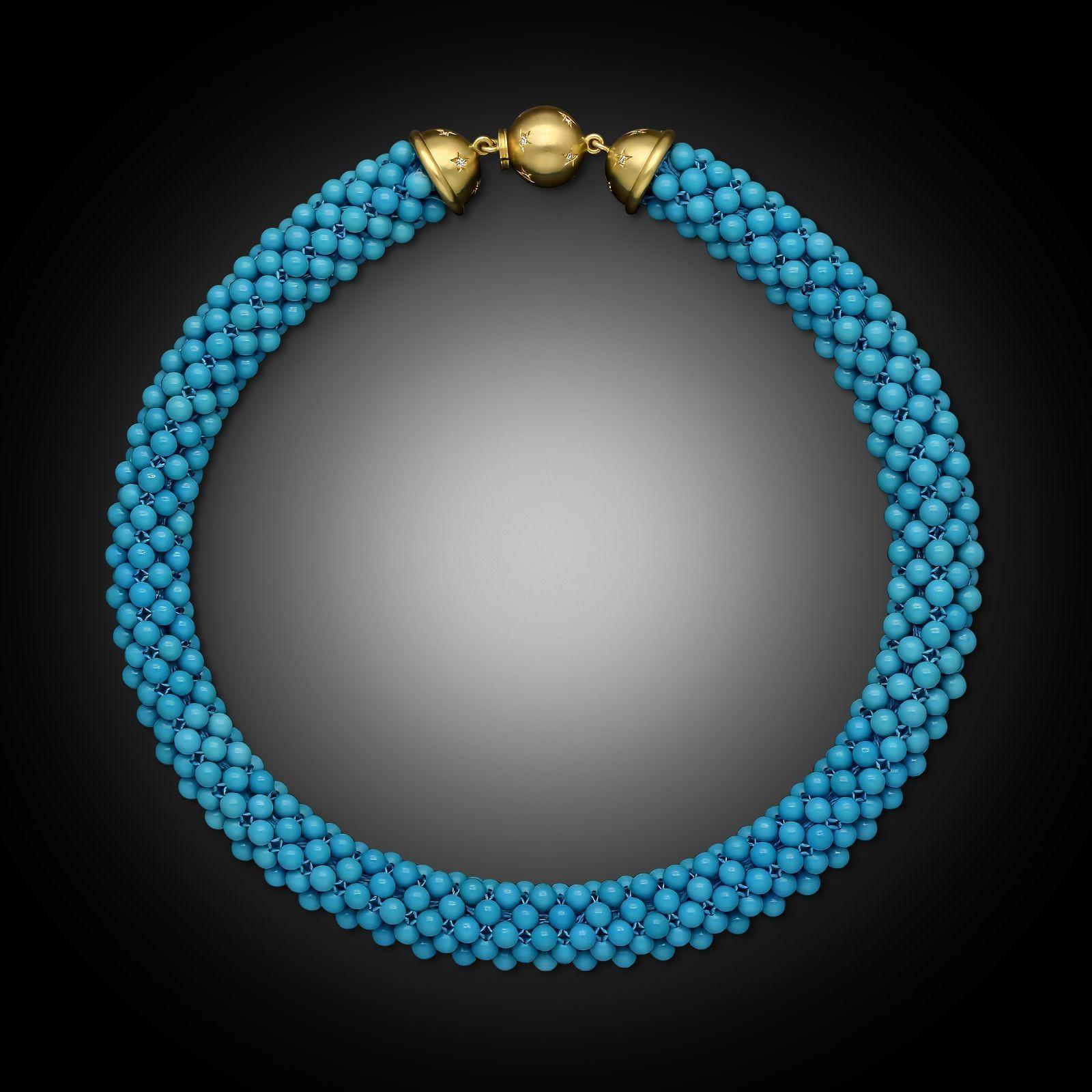 Perlina Hancocks - Collana con perline intrecciate in turchese, diamanti e oro giallo 18 ct. in vendita