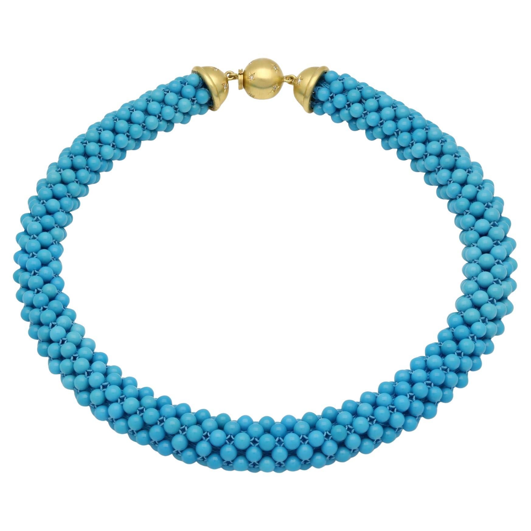 Hancocks - Collana con perline intrecciate in turchese, diamanti e oro giallo 18 ct.