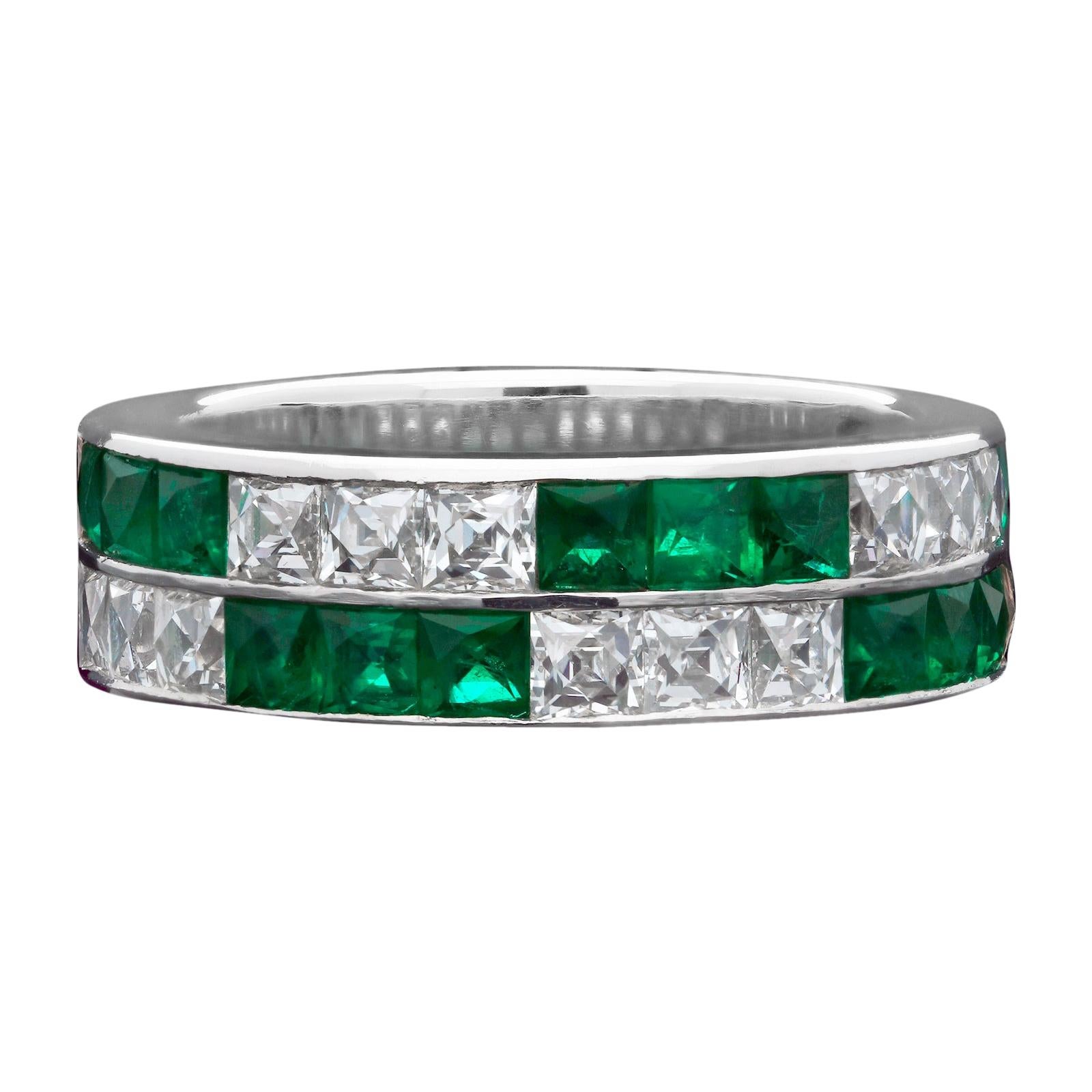Hancocks Unusual French-Cut Emerald and Diamond 2-Row Eternity or Wedding Ring