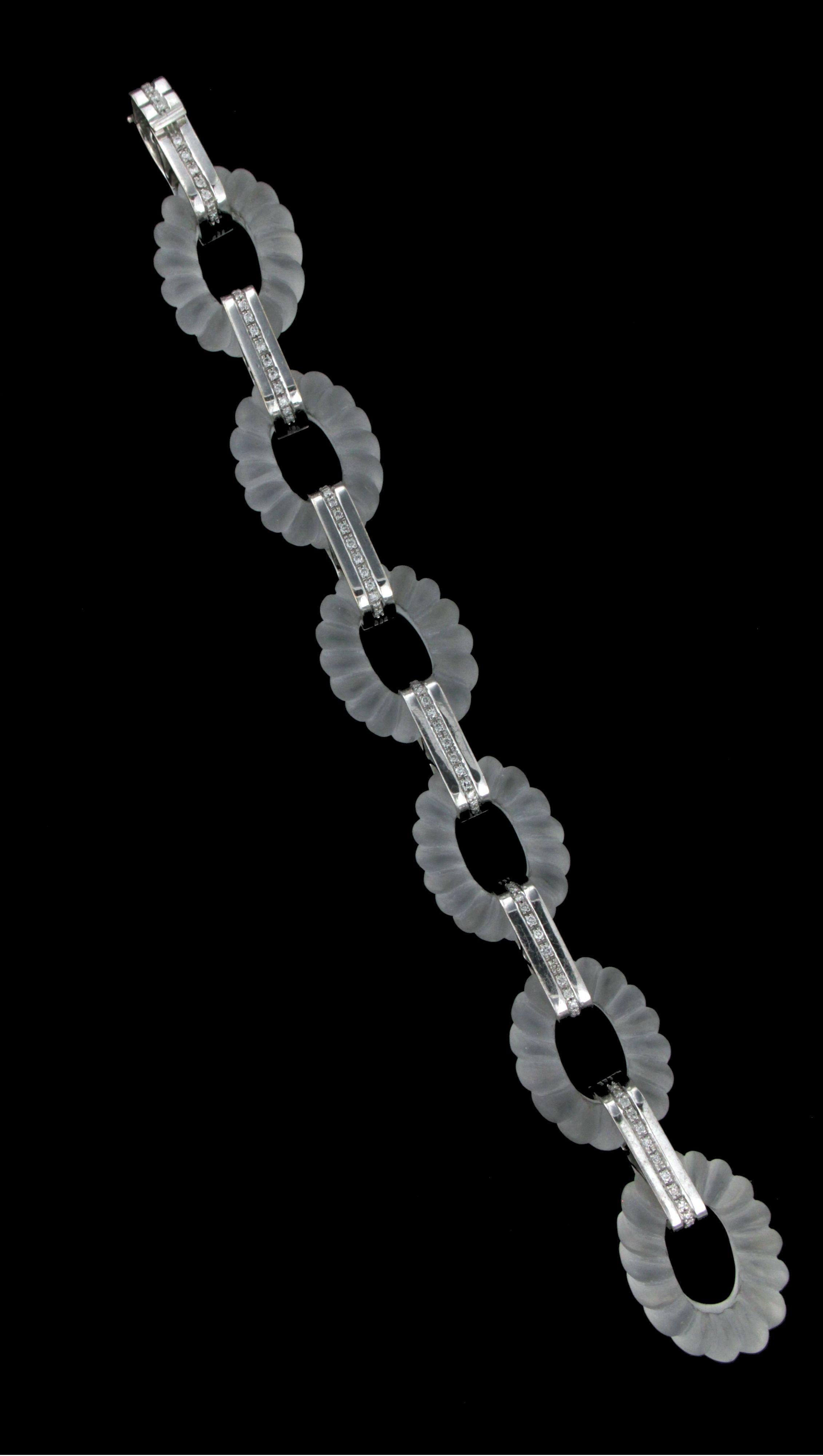 Women's or Men's Hancraft Rock Crystal 18 Karat White Gold Diamonds Cuff Bracelet