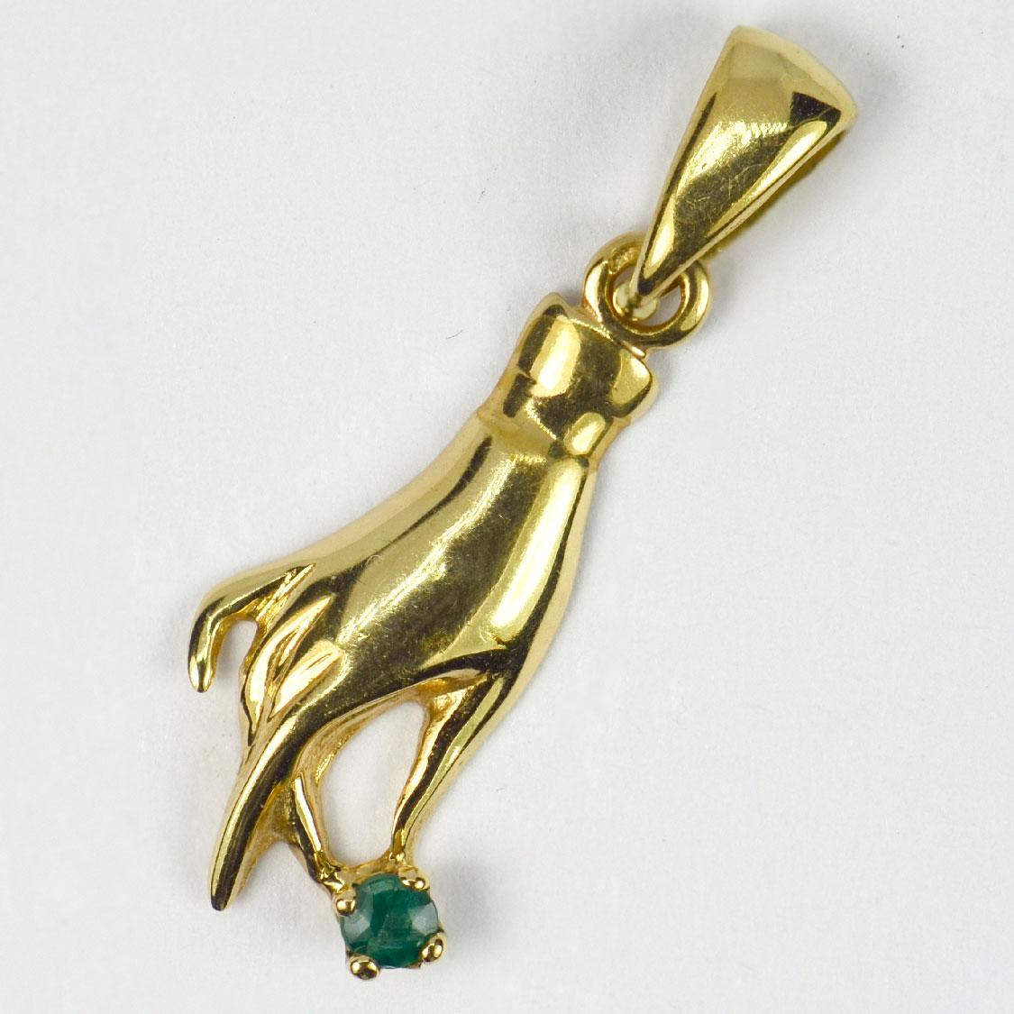 Hand 18K Yellow Gold Emerald Charm Pendant In Good Condition In London, GB