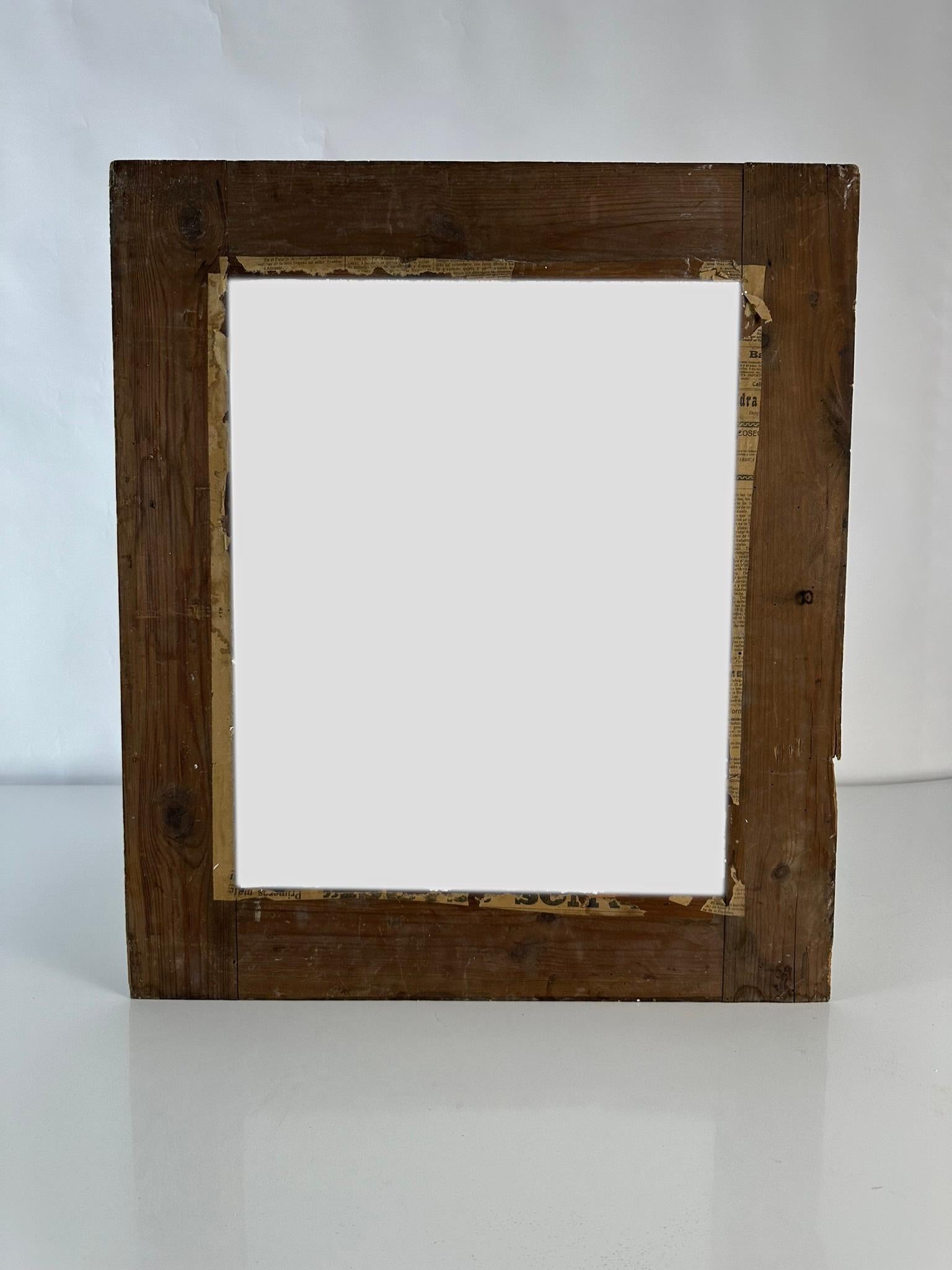 Walnut Hand-aged Antique Wall Mirror with 19th Century Spanish Academic Frame For Sale
