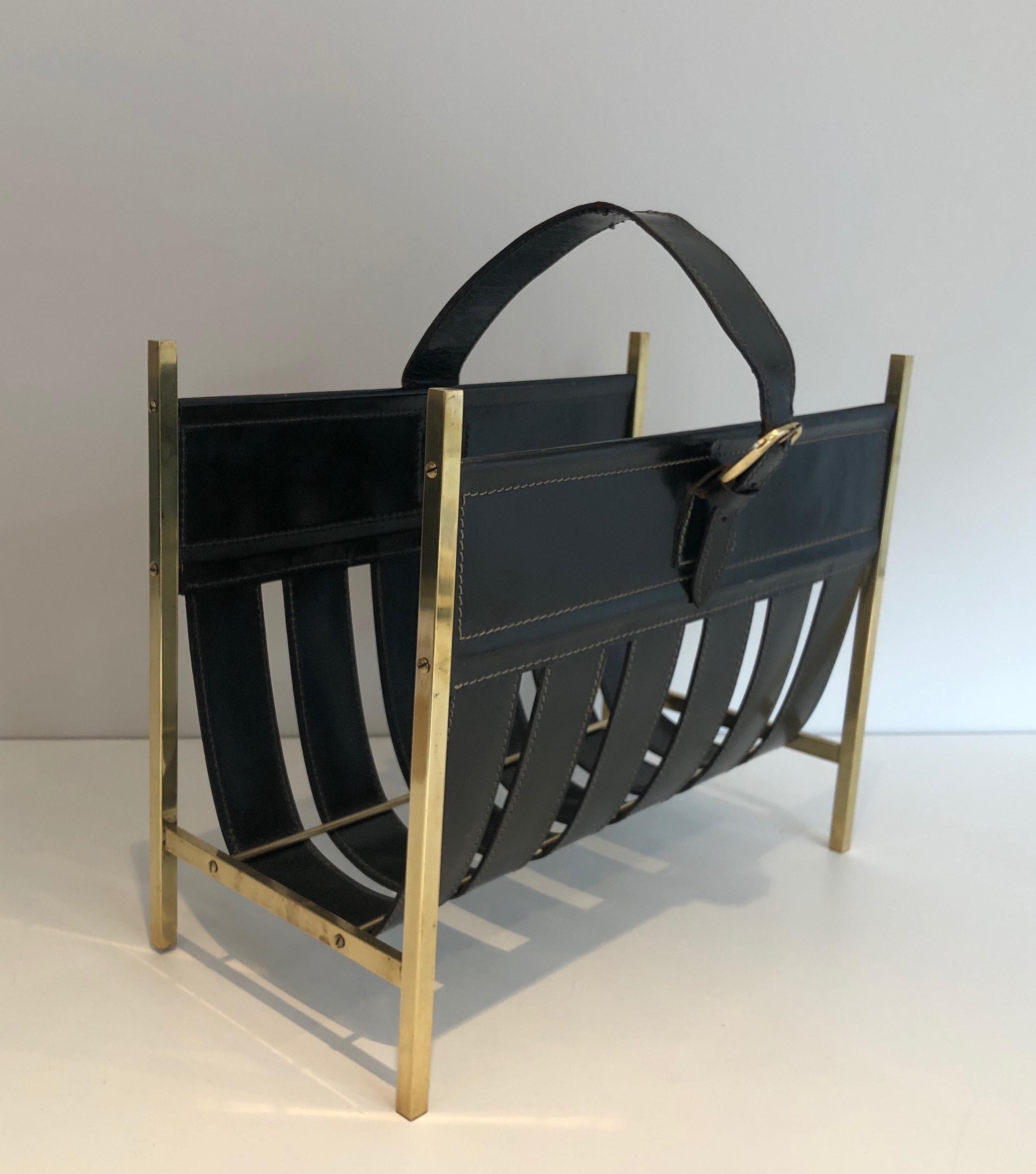 Hand-Bag Brass and Leather Magazine Rack by Jacques Adnet, circa 1940 For Sale 6