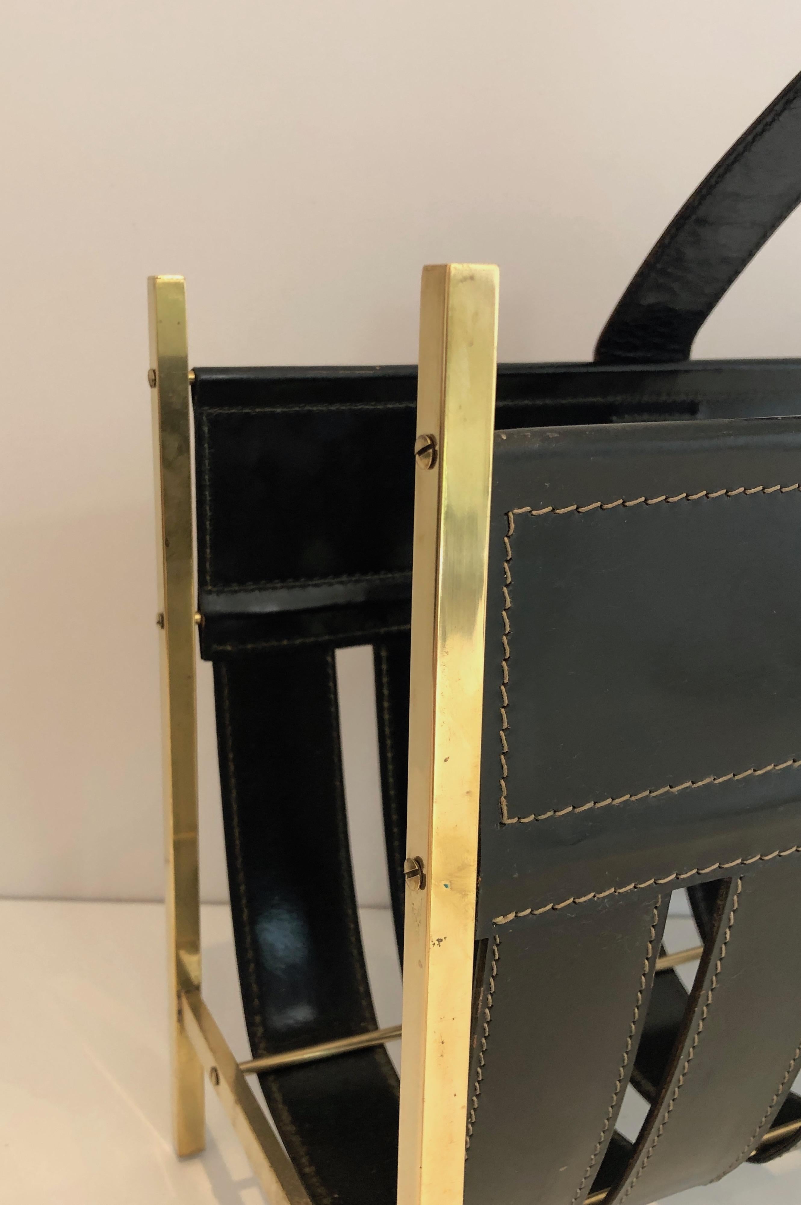 Hand-Bag Brass and Leather Magazine Rack by Jacques Adnet, circa 1940 For Sale 8
