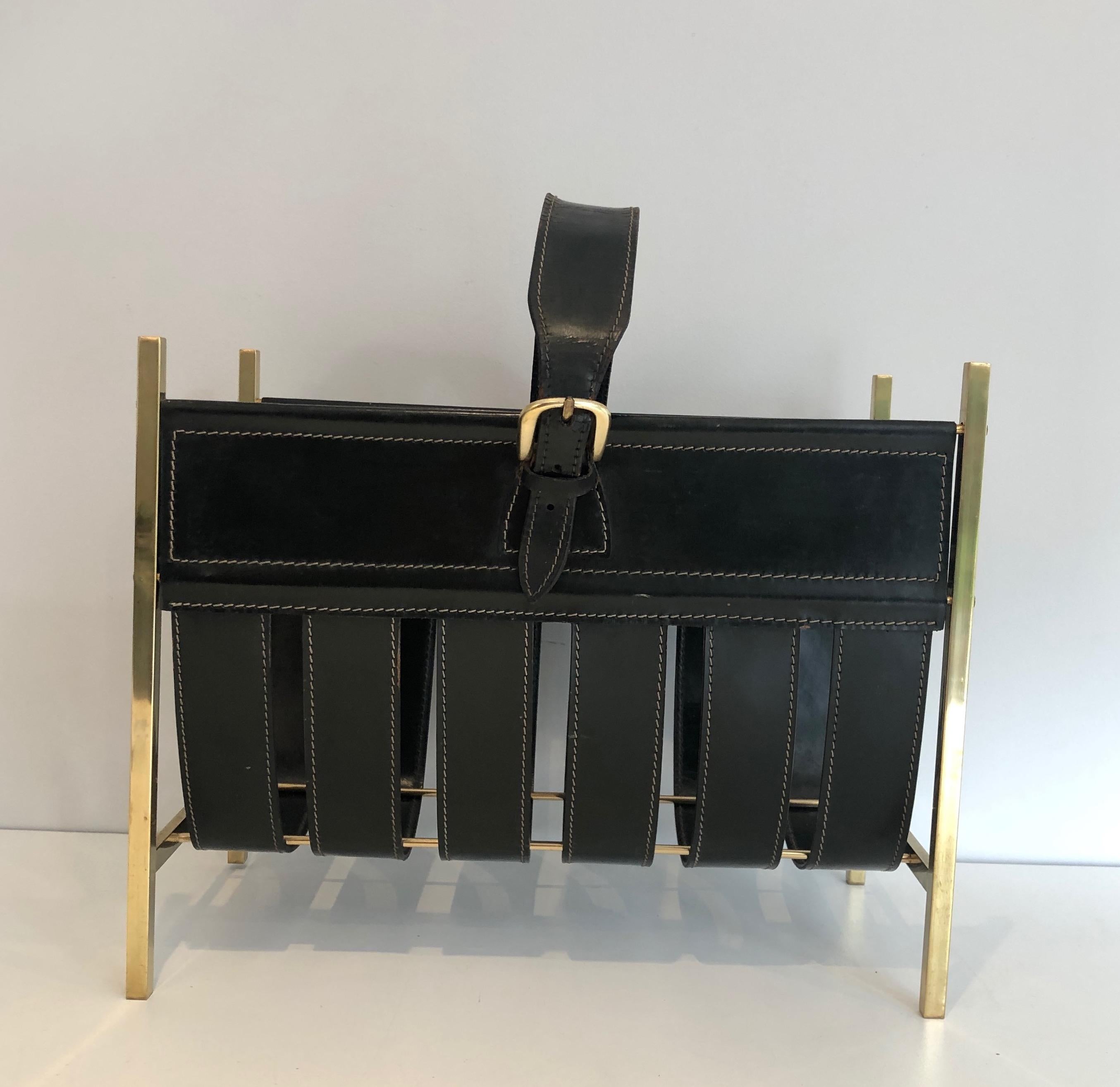 Hand-Bag Brass and Leather Magazine Rack by Jacques Adnet, circa 1940 For Sale 10