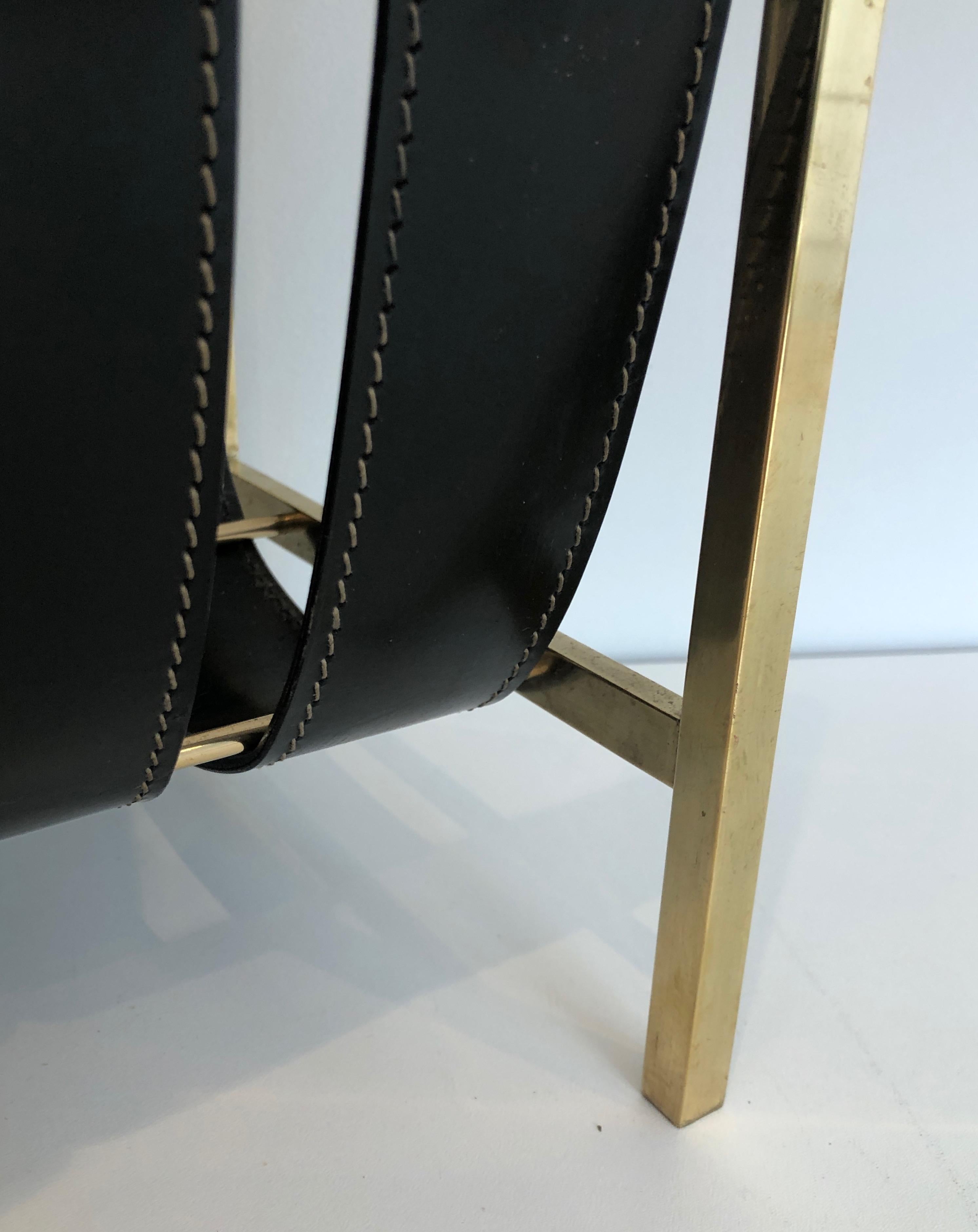 Hand-Bag Brass and Leather Magazine Rack by Jacques Adnet, circa 1940 For Sale 11