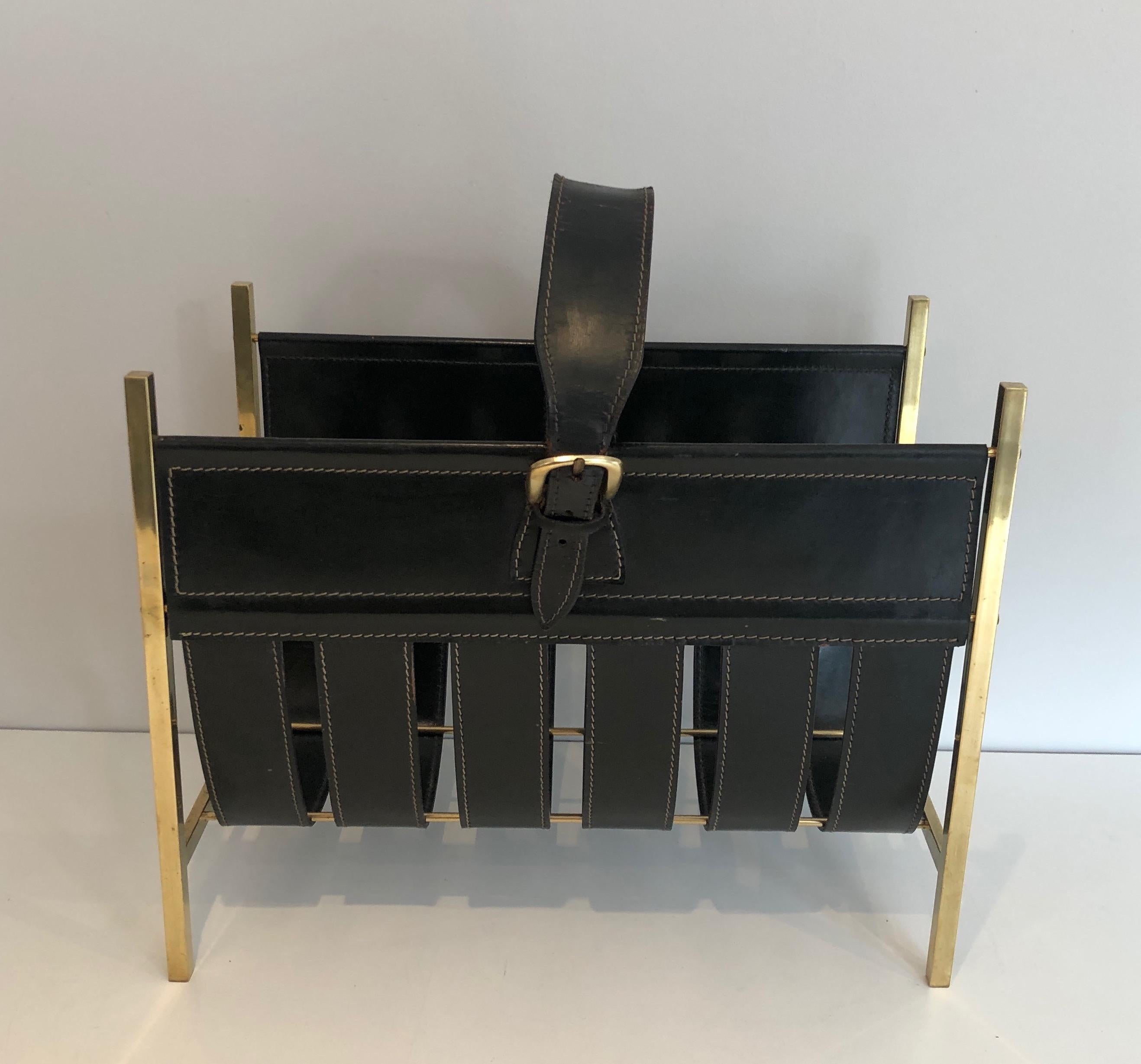 Hand-Bag Brass and Leather Magazine Rack by Jacques Adnet, circa 1940 For Sale 12