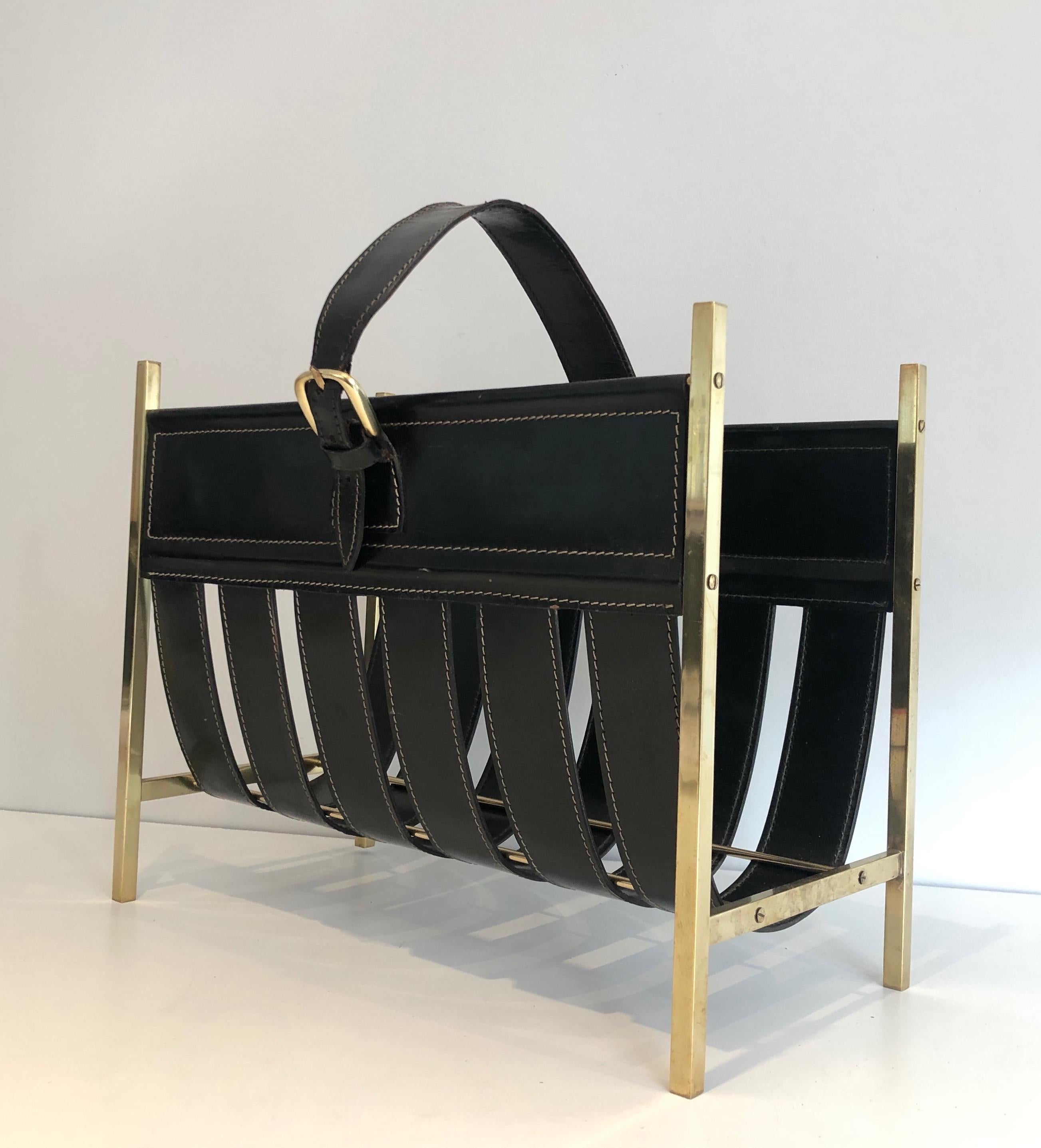 Hand-Bag Brass and Leather Magazine Rack by Jacques Adnet, circa 1940 For Sale 13