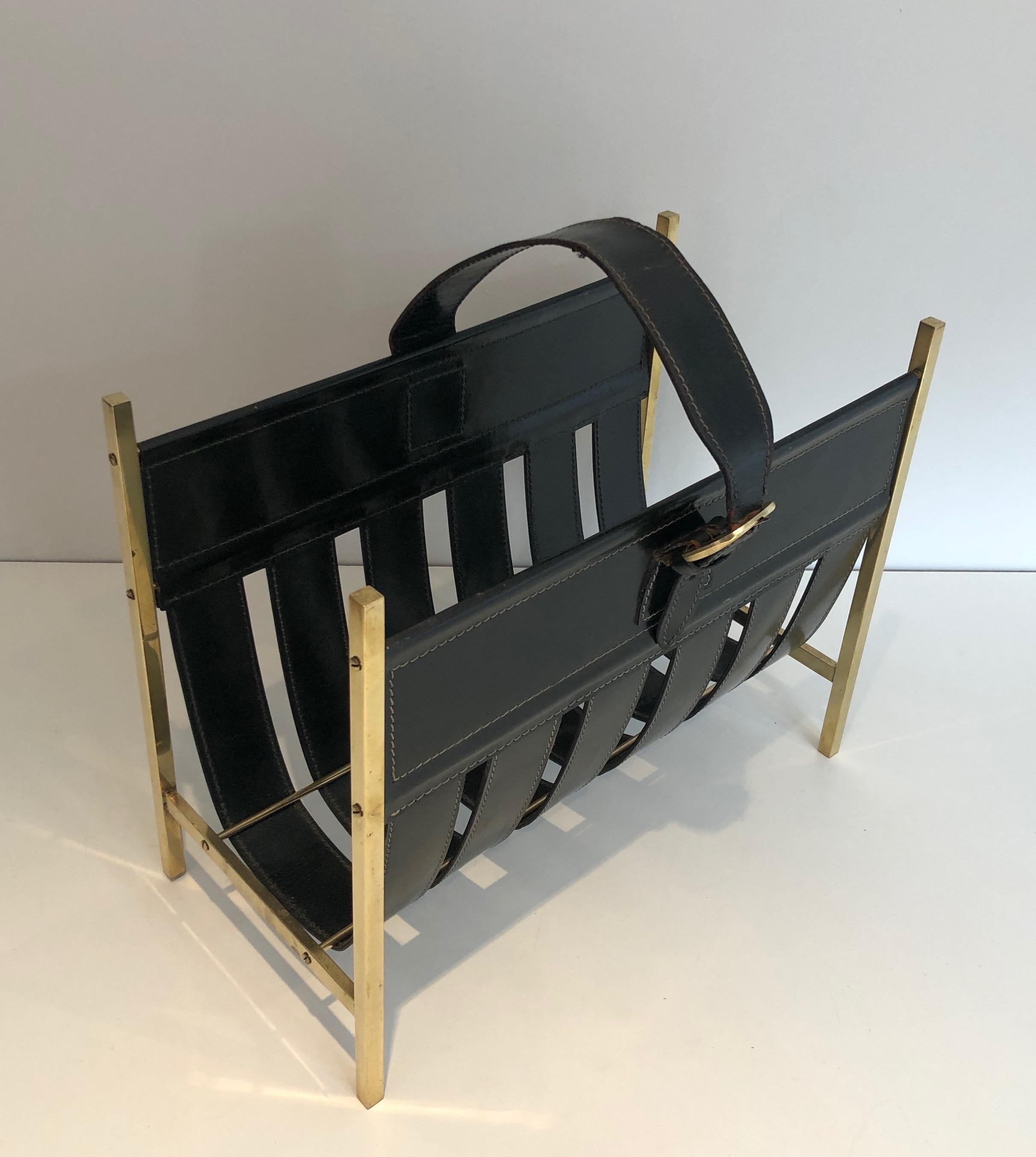 French Hand-Bag Brass and Leather Magazine Rack by Jacques Adnet, circa 1940 For Sale