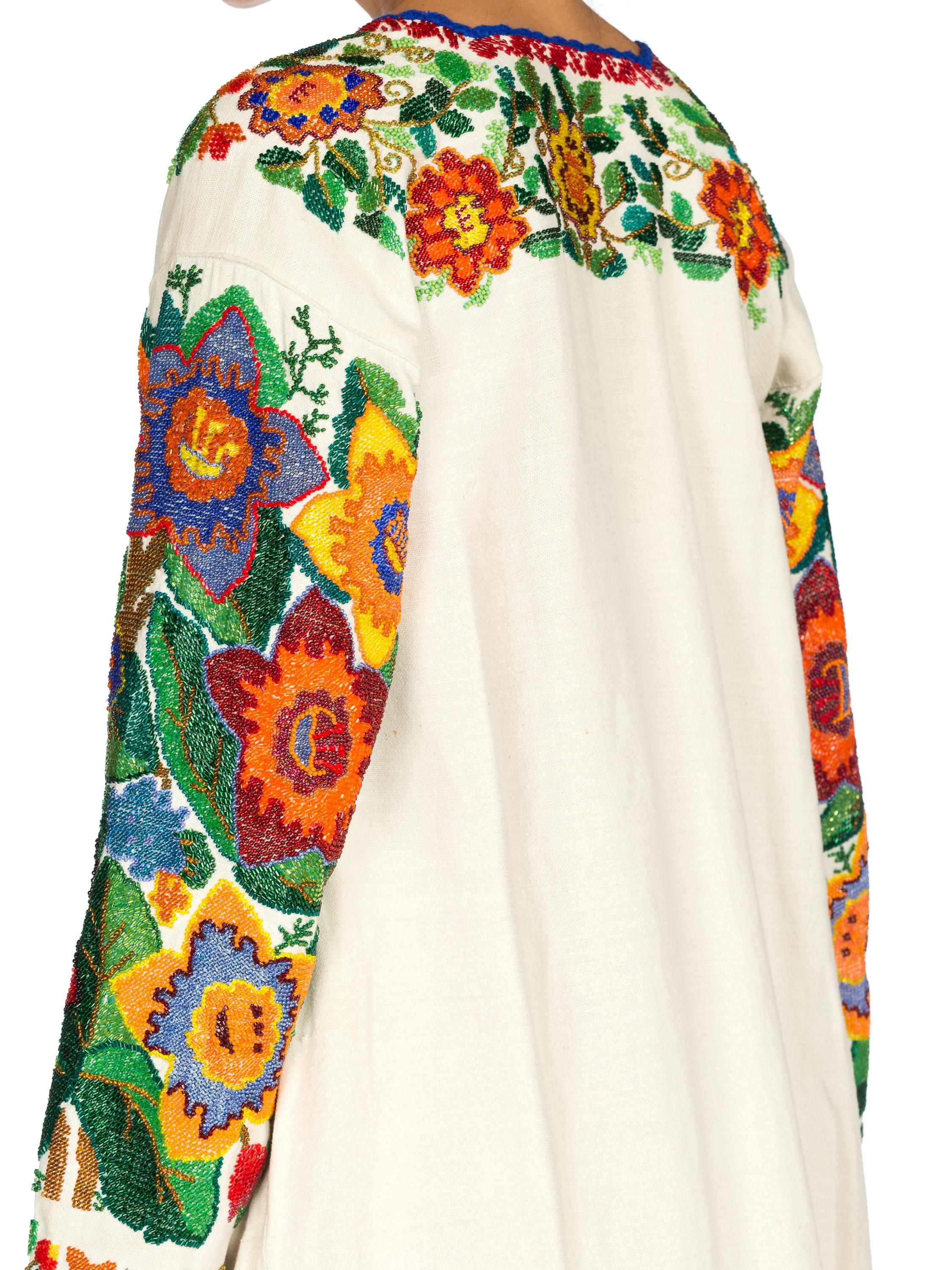 1910S Ecru Linen Antique Folk Tunic Dress With Heavy Multicolored Beading 6