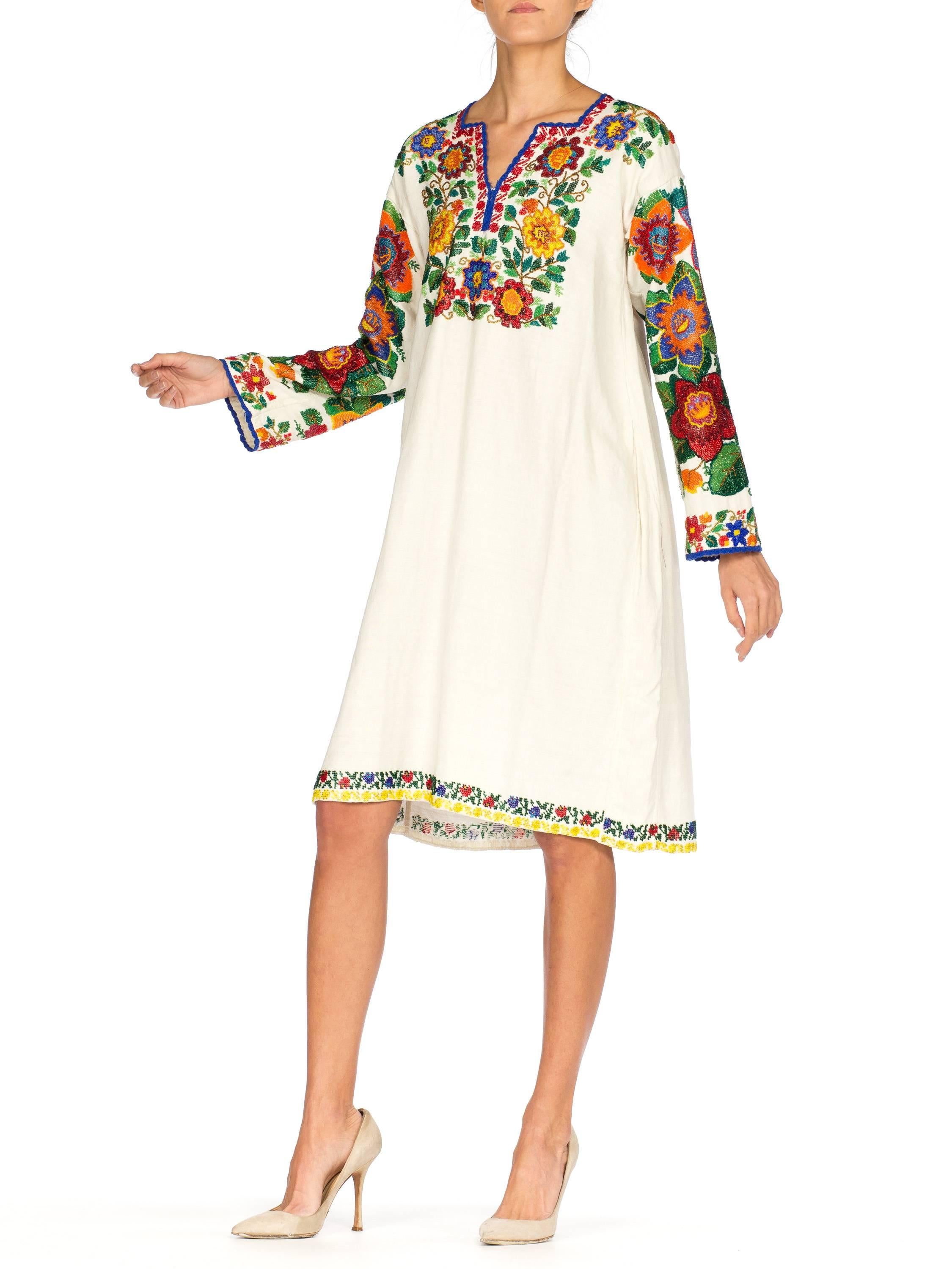 Women's 1910S Ecru Linen Antique Folk Tunic Dress With Heavy Multicolored Beading