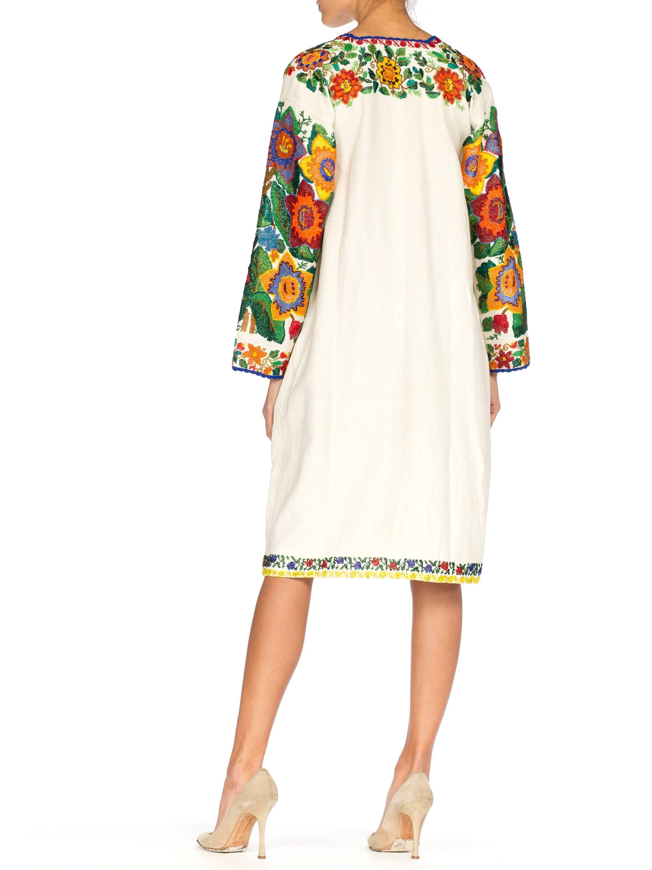 1910S Ecru Linen Antique Folk Tunic Dress With Heavy Multicolored Beading 3