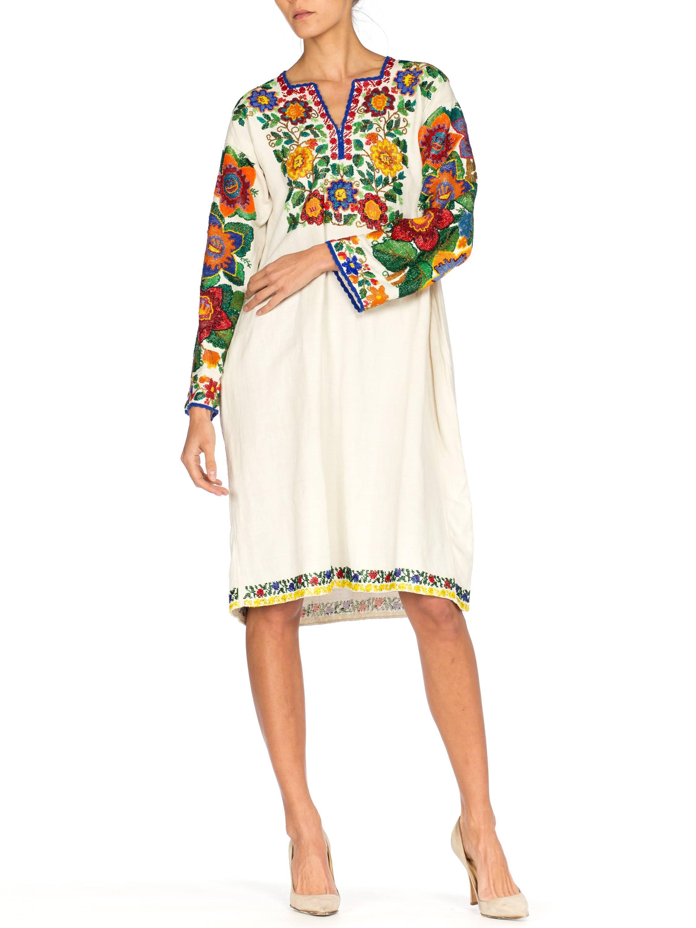 1910S Ecru Linen Antique Folk Tunic Dress With Heavy Multicolored Beading 5