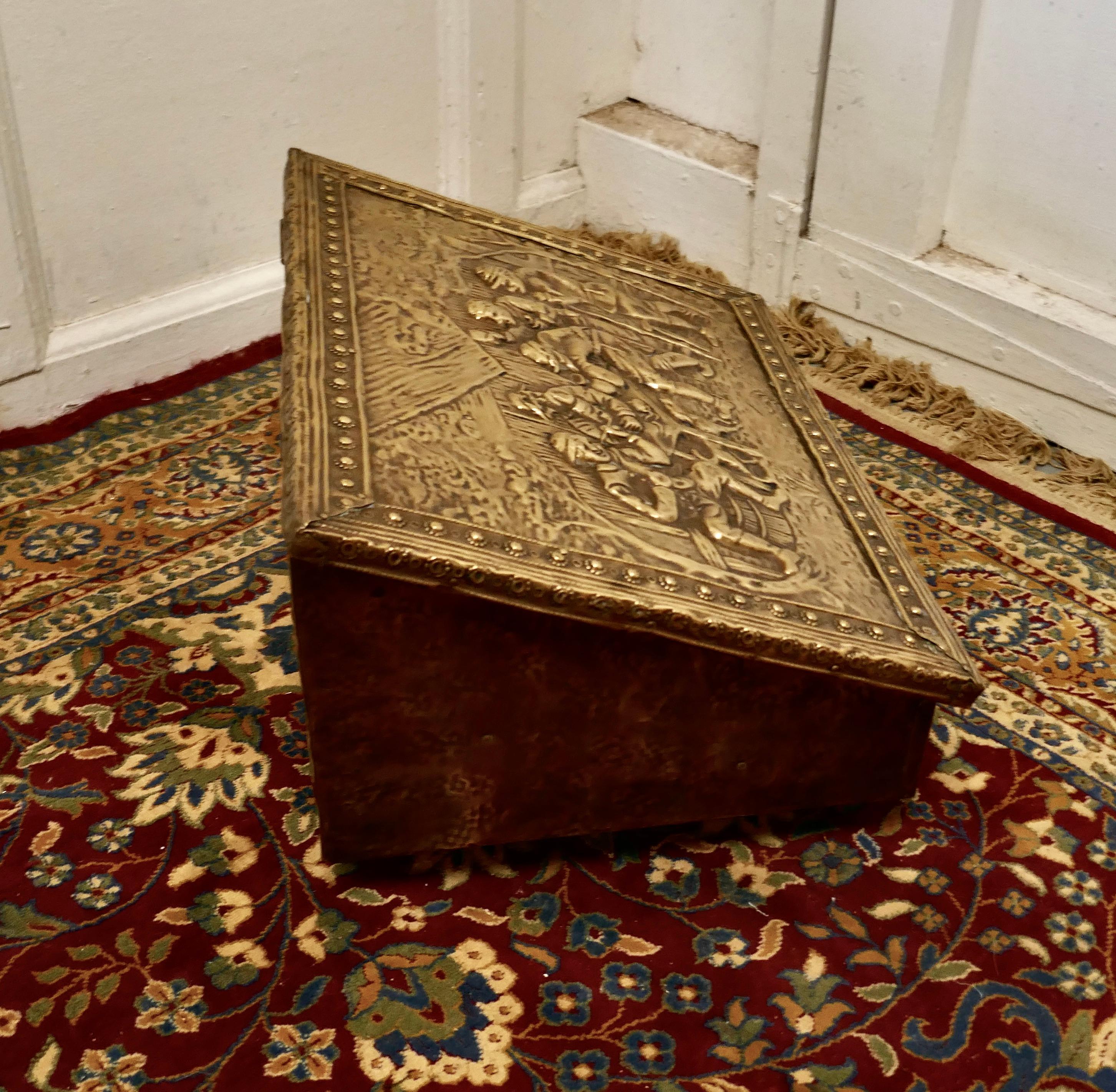 Arts and Crafts Hand Beaten Brass Fireside Slipper Box For Sale