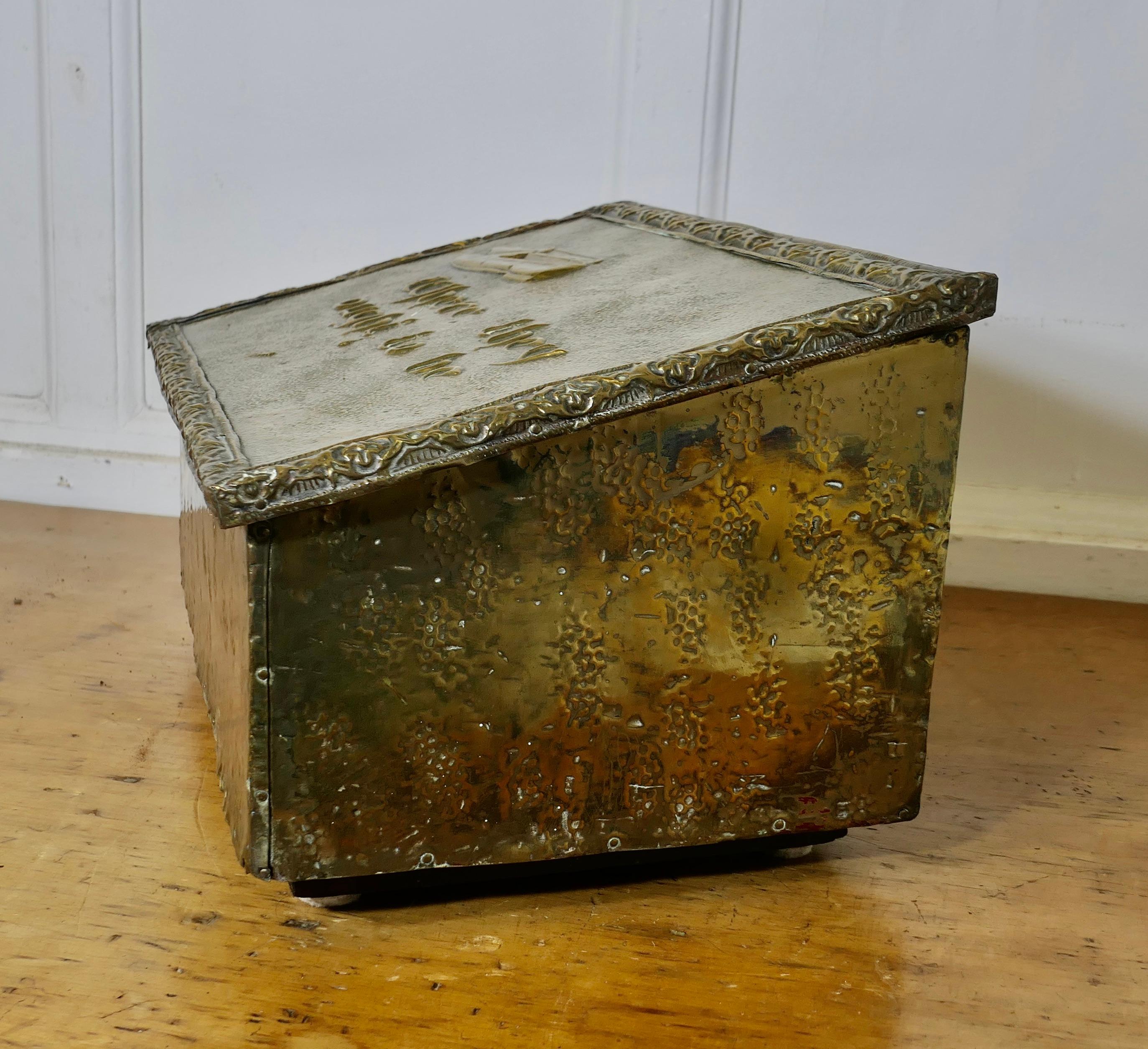 Art Deco Hand Beaten Brass Fireside Slipper Box   “Where they ought to be” For Sale