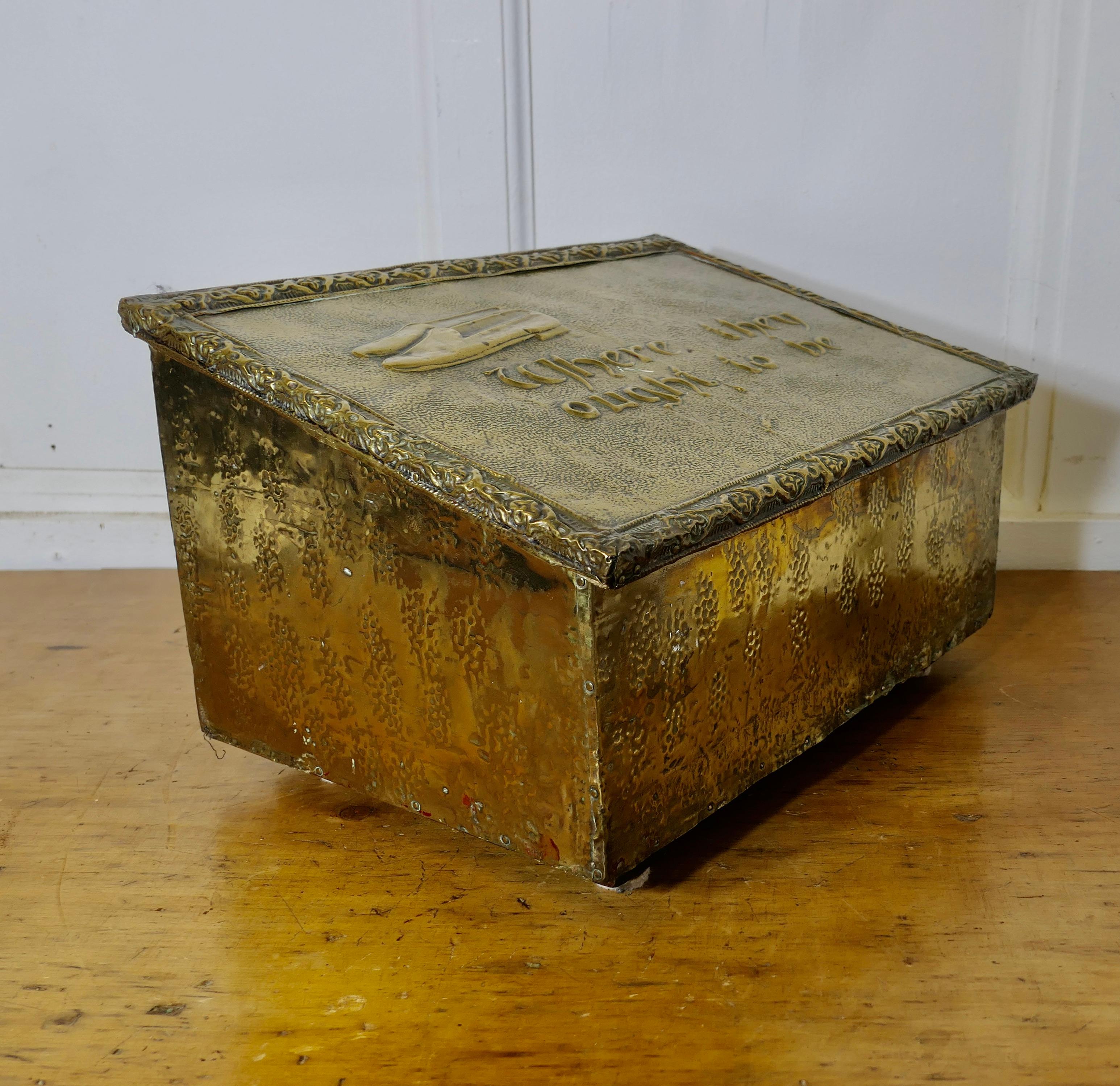 Mid-20th Century Hand Beaten Brass Fireside Slipper Box   “Where they ought to be” For Sale