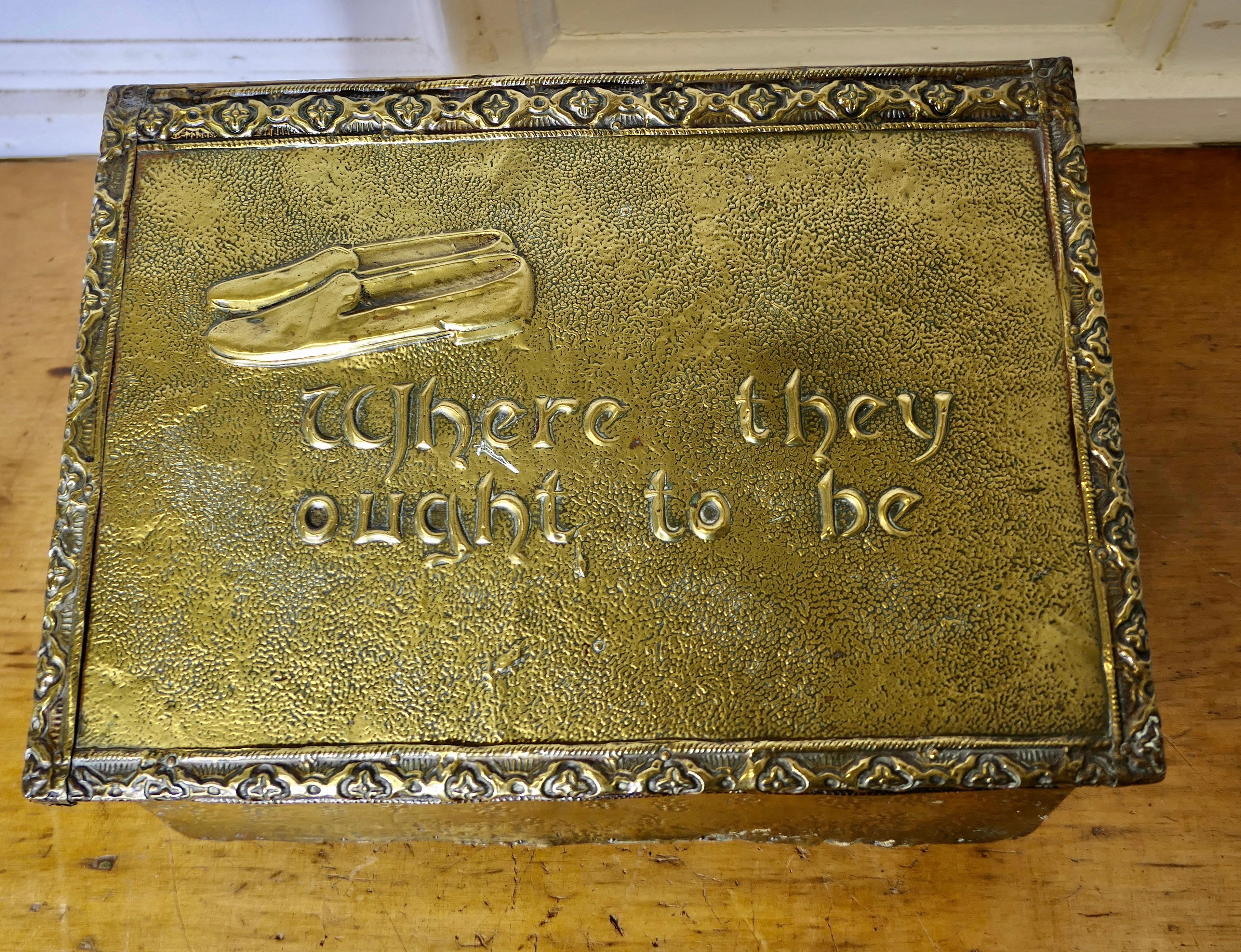 Hand Beaten Brass Fireside Slipper Box   “Where they ought to be” For Sale 1