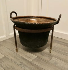 Hand Beaten Copper Cooking Cauldron on Stand, Log Basket