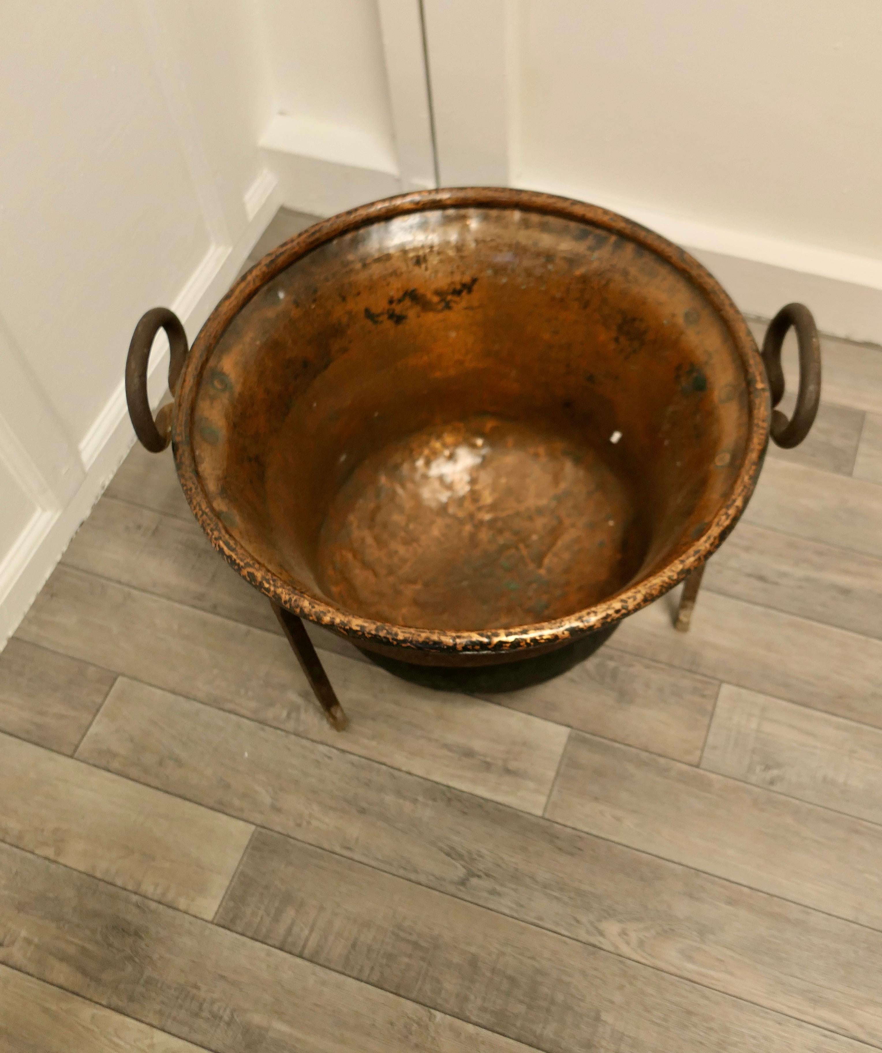 Brutalist Hand Beaten Copper Cooking Cauldron on Stand, Log Basket For Sale