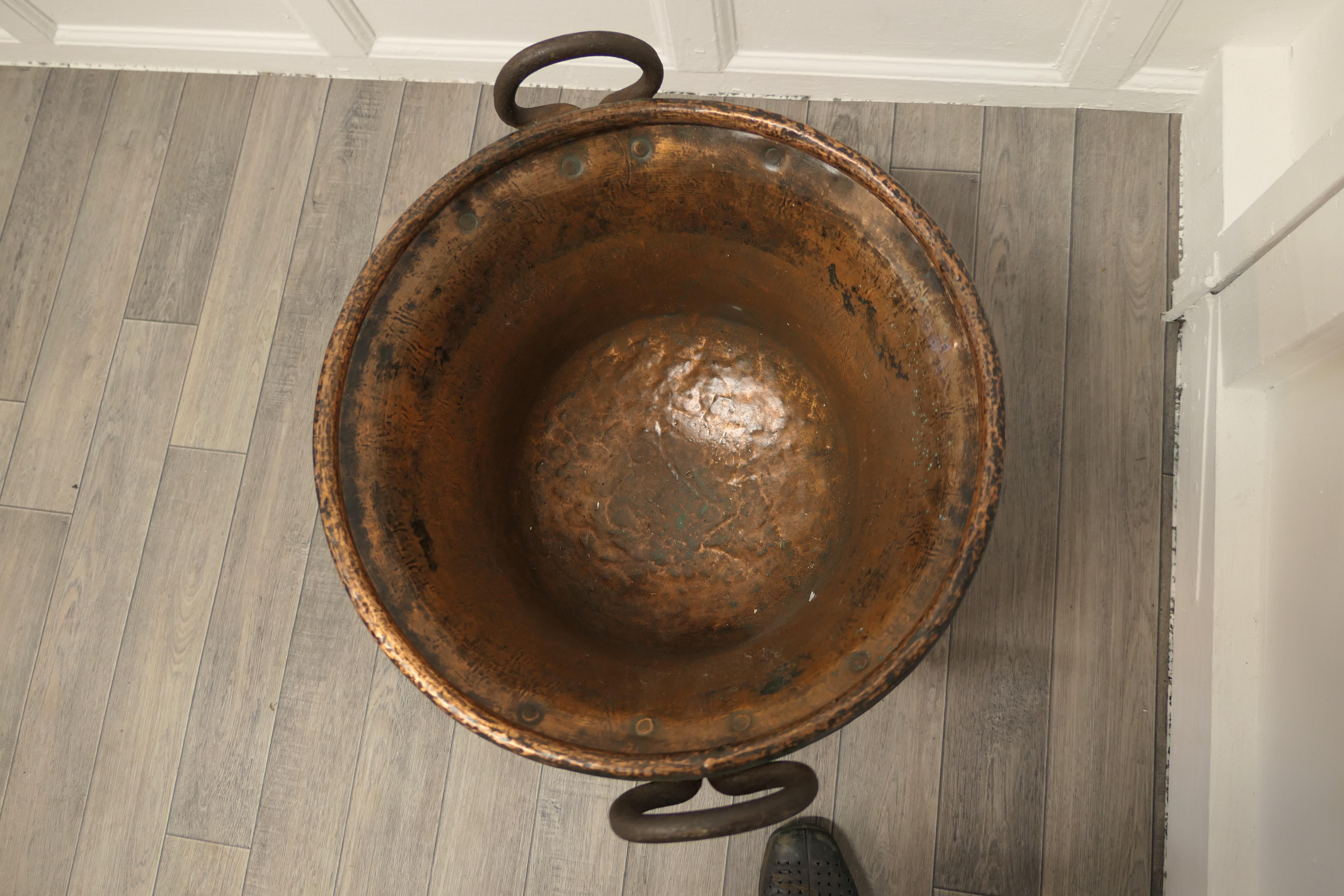 19th Century Hand Beaten Copper Cooking Cauldron on Stand, Log Basket For Sale