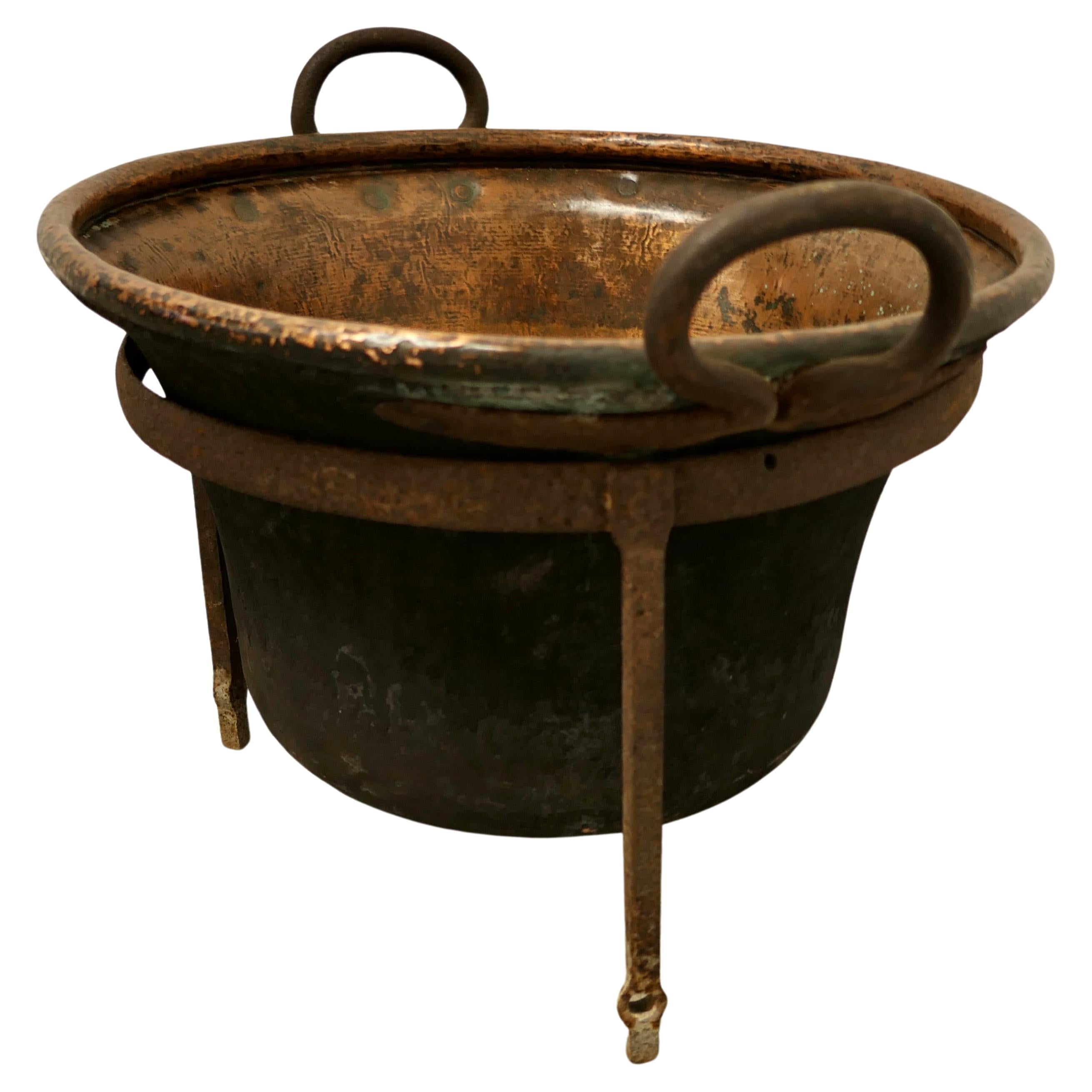 Hand Beaten Copper Cooking Cauldron on Stand, Log Basket For Sale