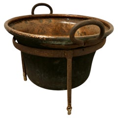 Antique Hand Beaten Copper Cooking Cauldron on Stand, Log Basket