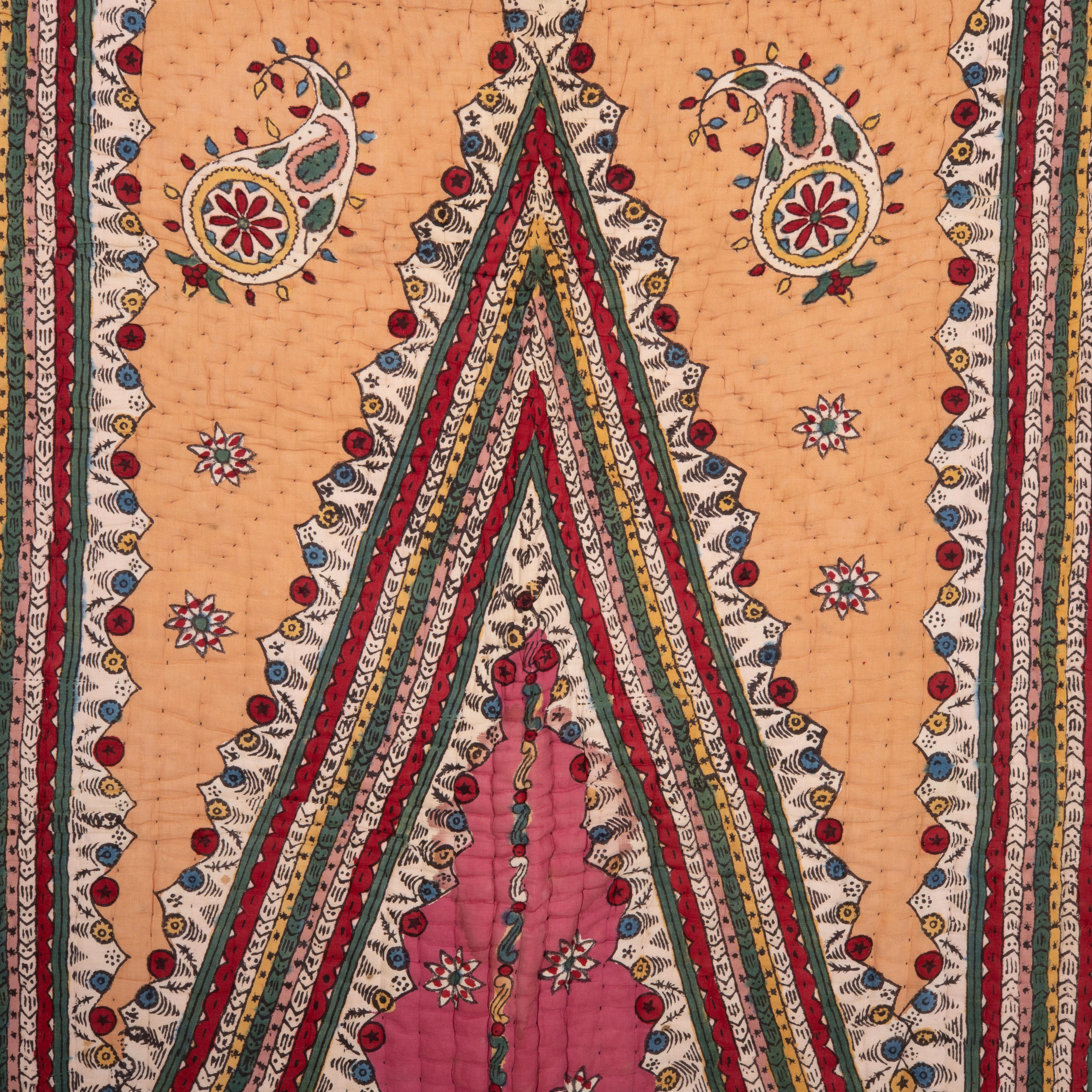 Turkish Hand Block Printed Anatolian Quilt, Early 20th C For Sale