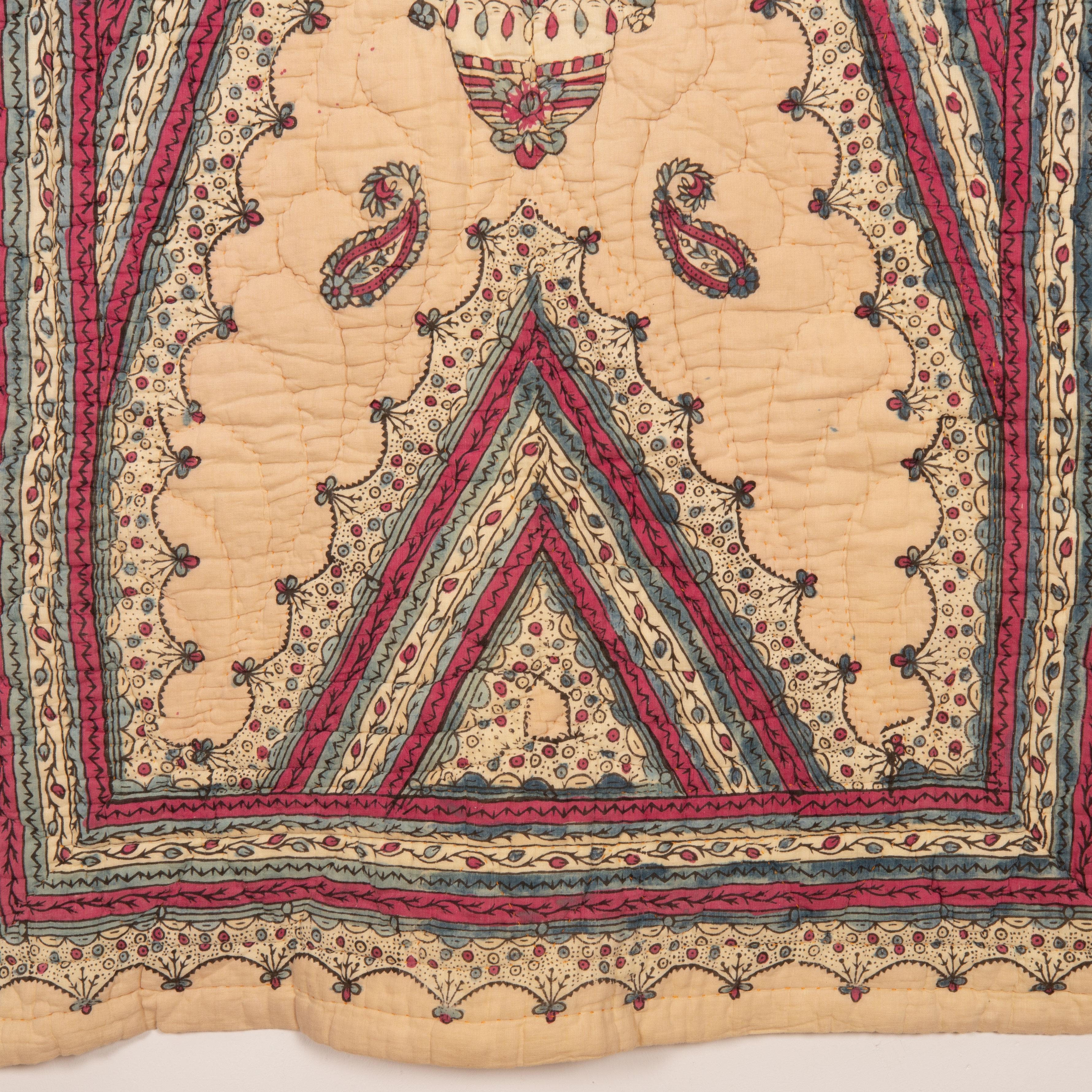 Quilted Hand Block Printed Anatolian Quilt, Early 20th C For Sale