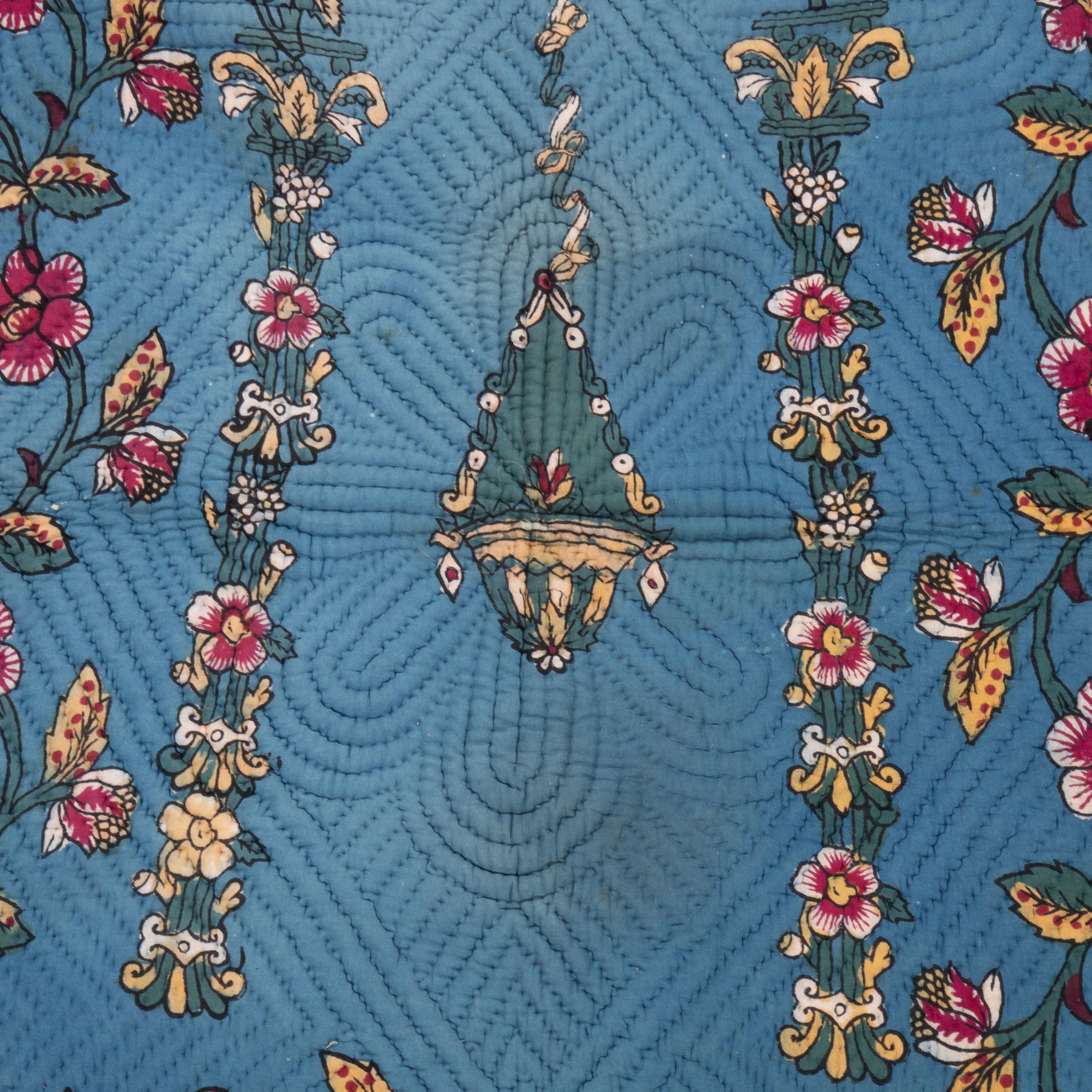 Kalamkari Hand Block Printed Anatolian Quilt, Early 20th C For Sale