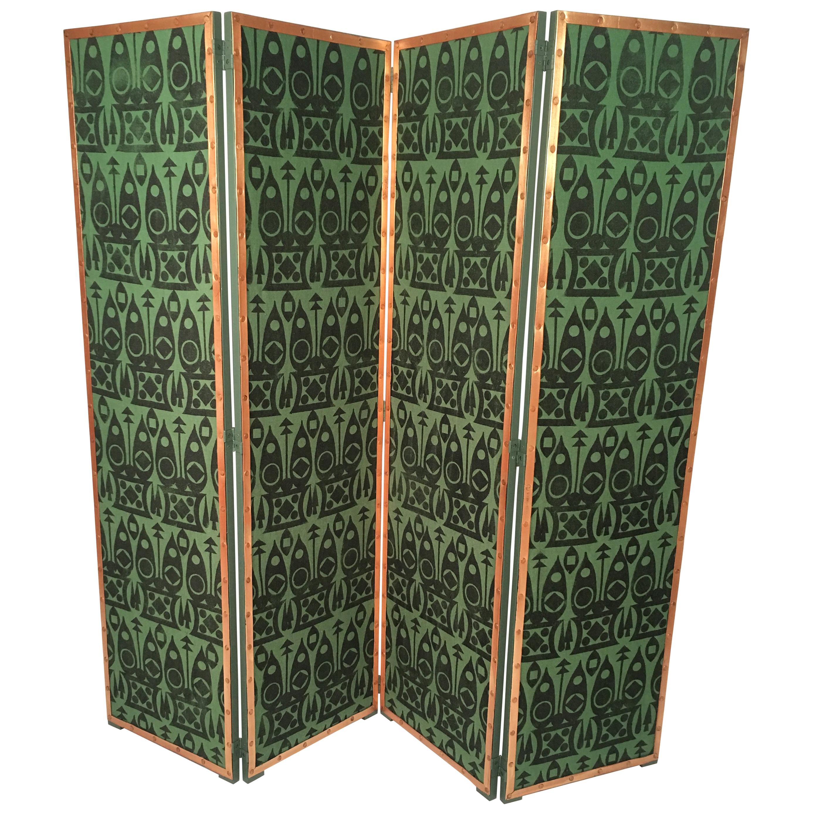 Hand Block Printed Black and Green Fabric Four Panel Screen
