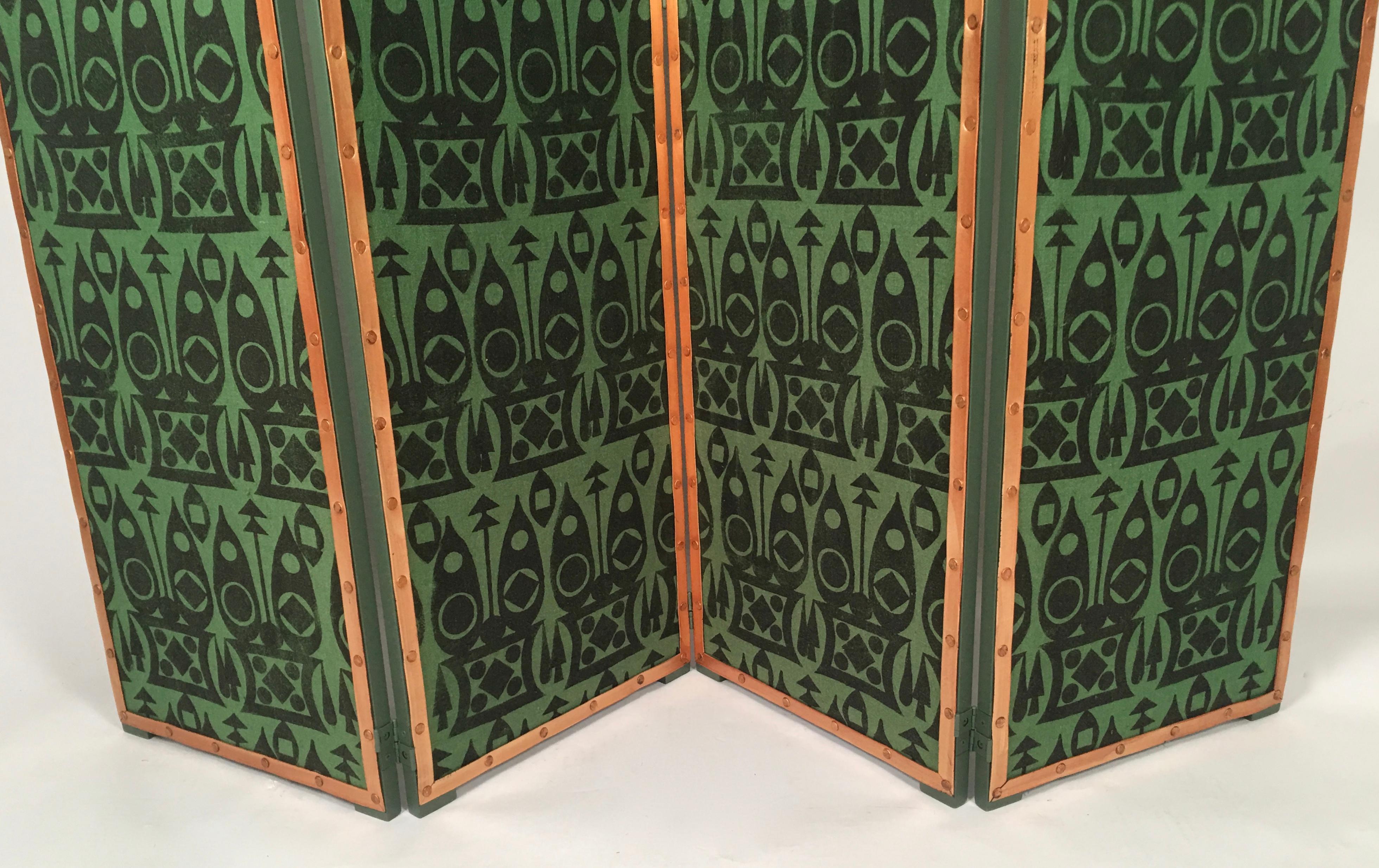 Hand-Crafted Hand Block Printed Black and Green Fabric Four Panel Screen