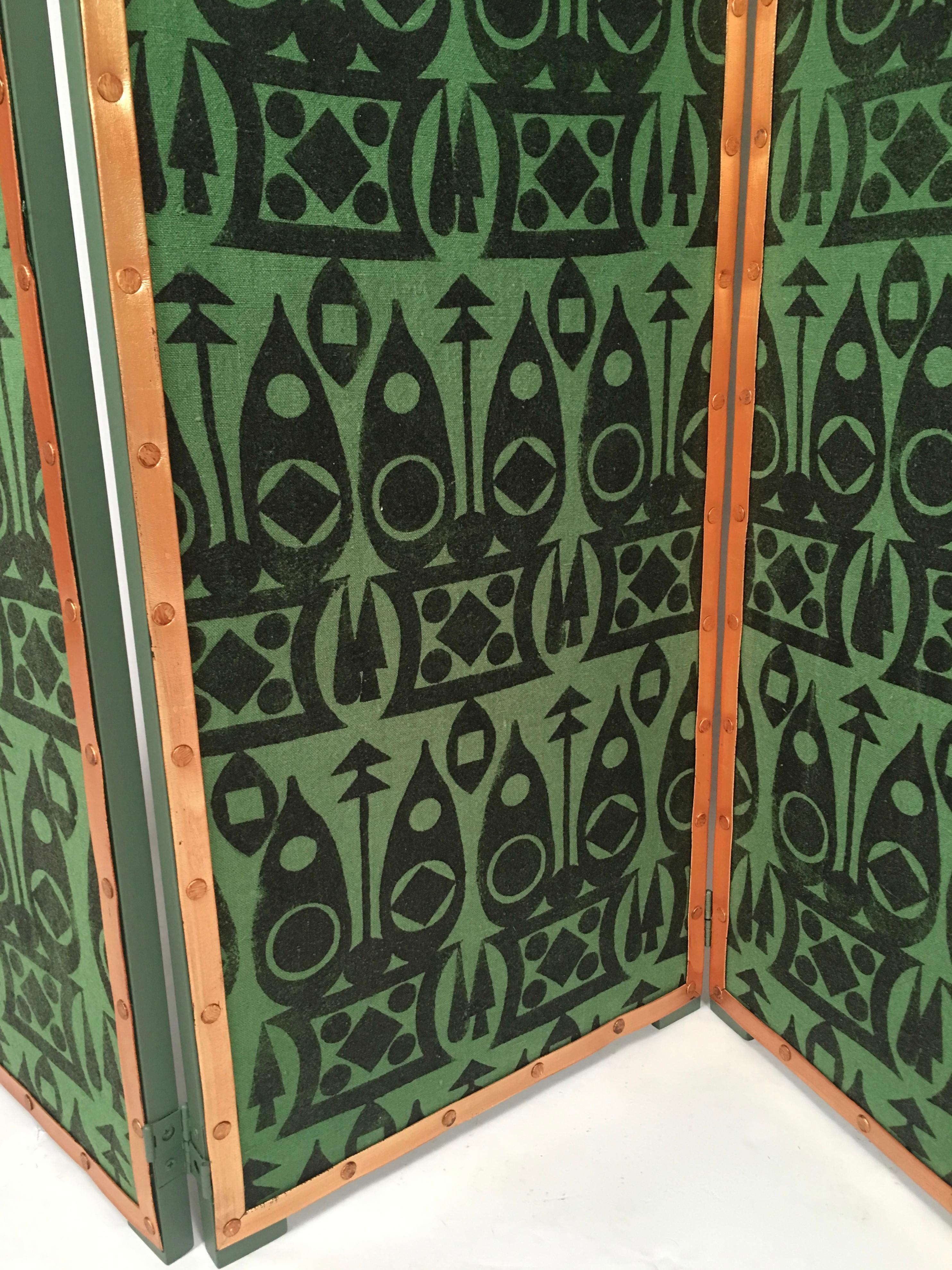 Hand Block Printed Black and Green Fabric Four Panel Screen In New Condition In Essex, MA