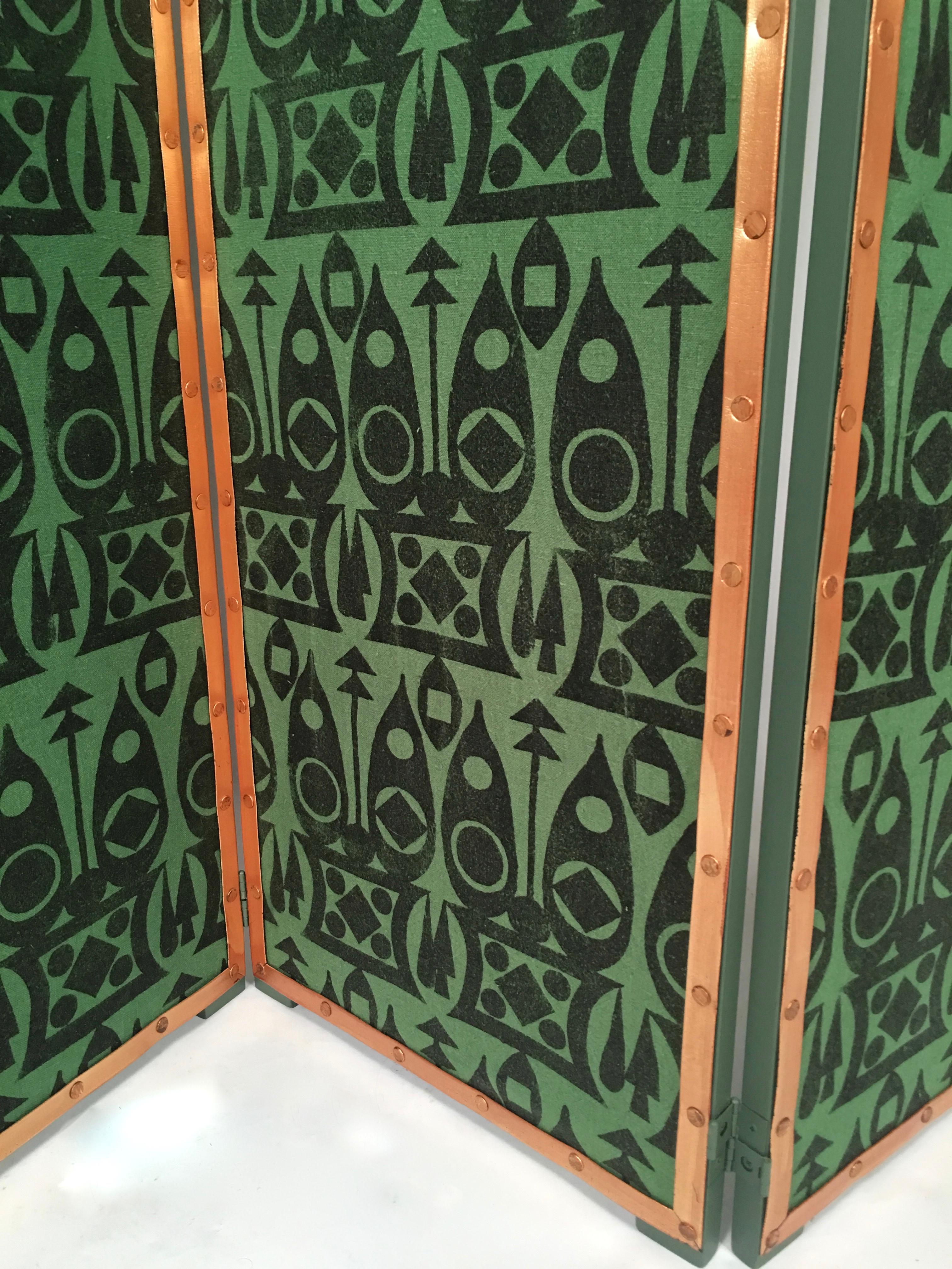 Contemporary Hand Block Printed Black and Green Fabric Four Panel Screen