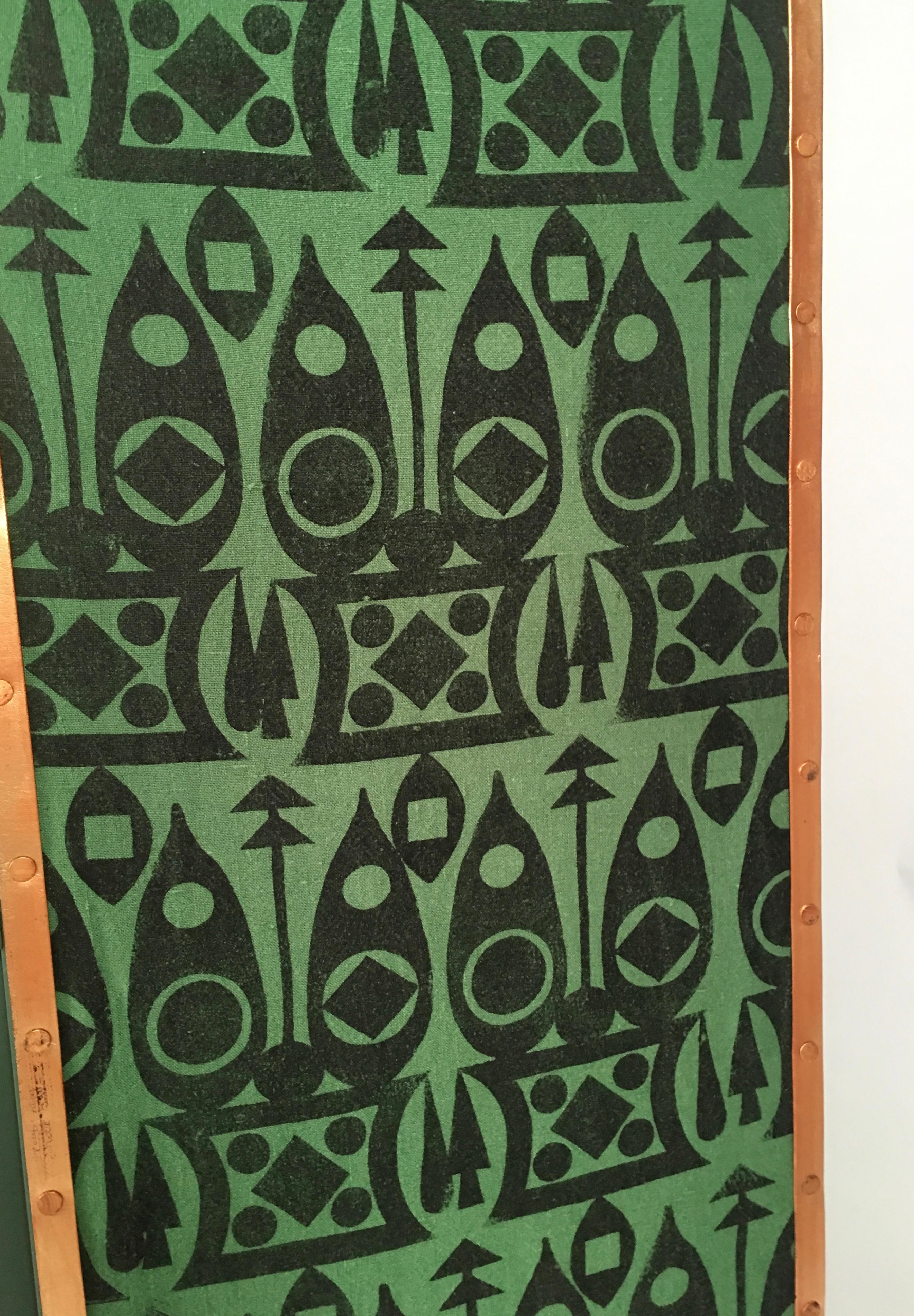 Linen Hand Block Printed Black and Green Fabric Four Panel Screen