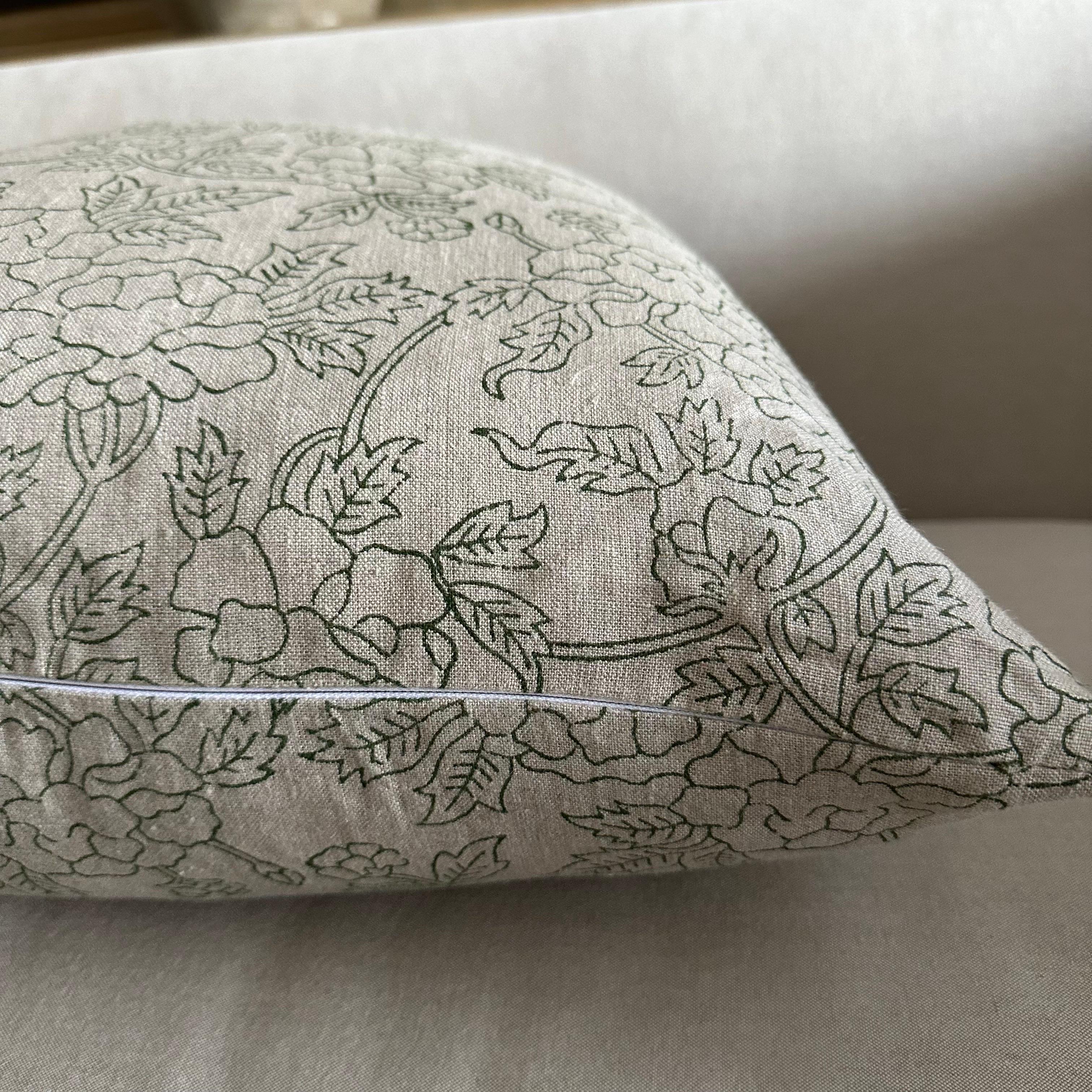 Hand Block Printed Linen Pillow in Natural and Forest  For Sale 1