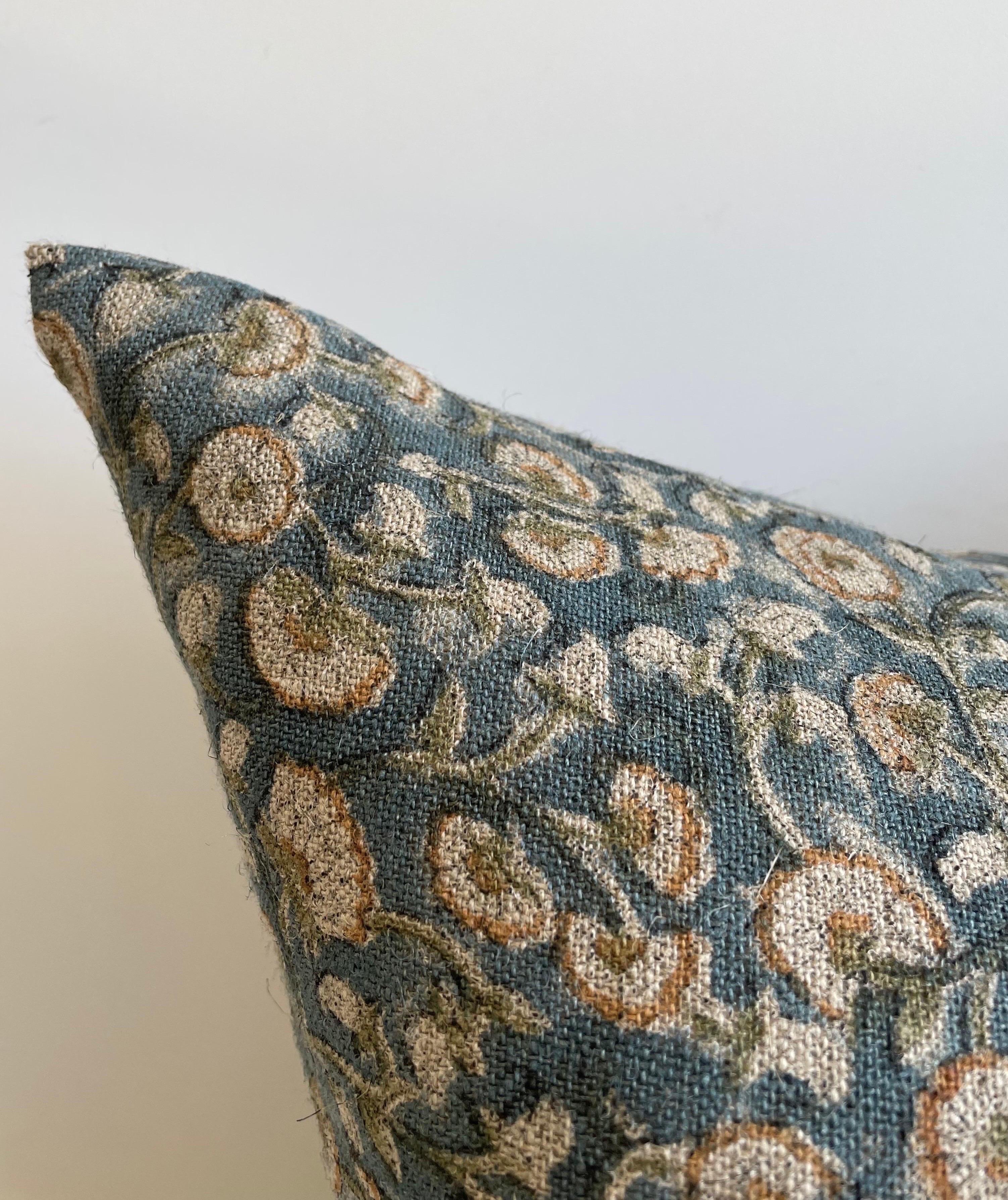 Beautifully hand block-printed pillow on heavy linen fabric. Zipper closure. Care instructions: dry clean recommended 
Includes down insert.
Colors: French blue, gold (marigold), on flax natural linen.
Size: 22” x 22”.

Please allow 6-10 weeks from