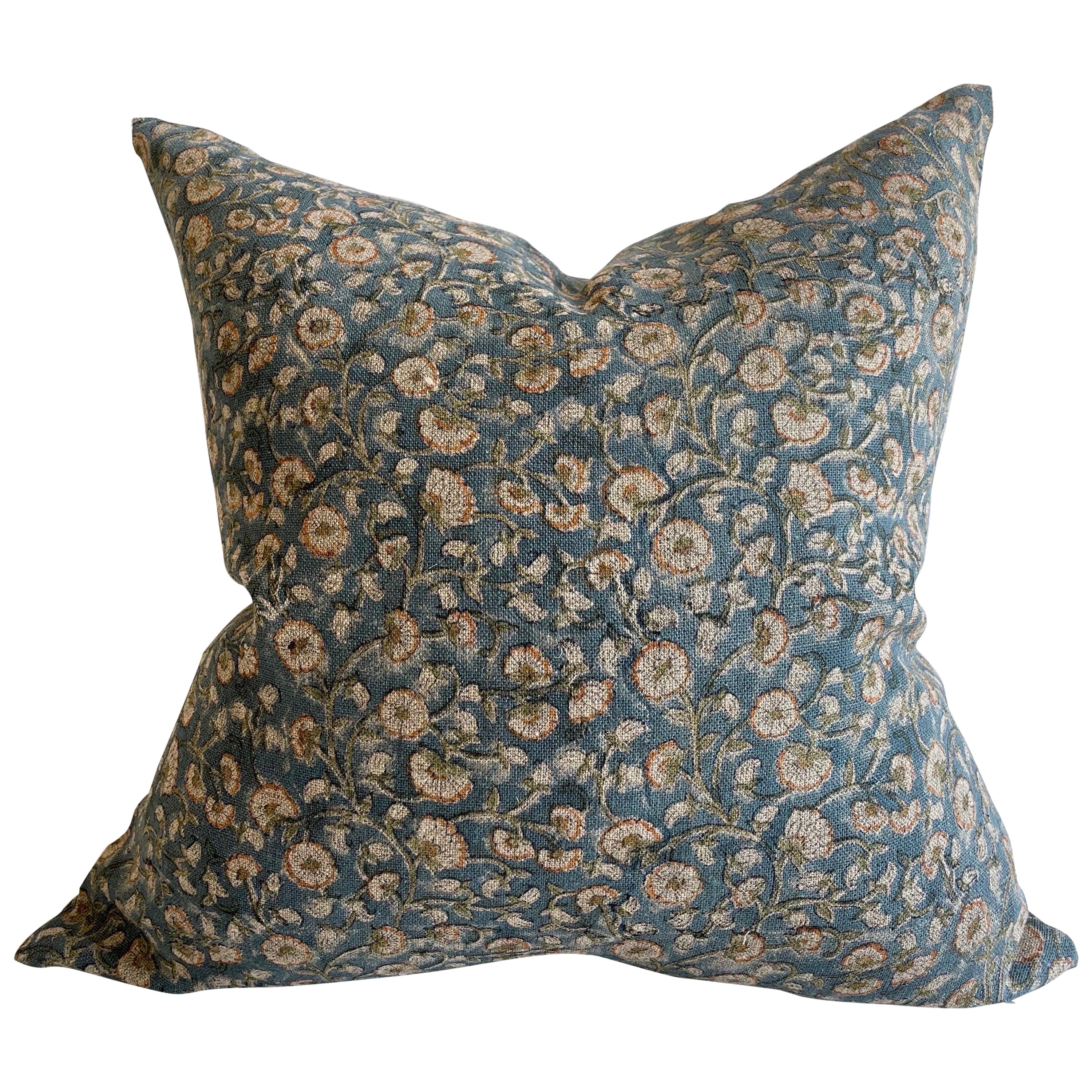 Hand Block-Printed Pillow with Insert For Sale