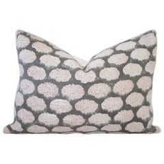 Hand Blocked Gray and Rust Color Accent Pillow on White Linen Background