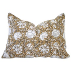 Hand Blocked Mustard Floral Accent Pillow on Natural Linen Background