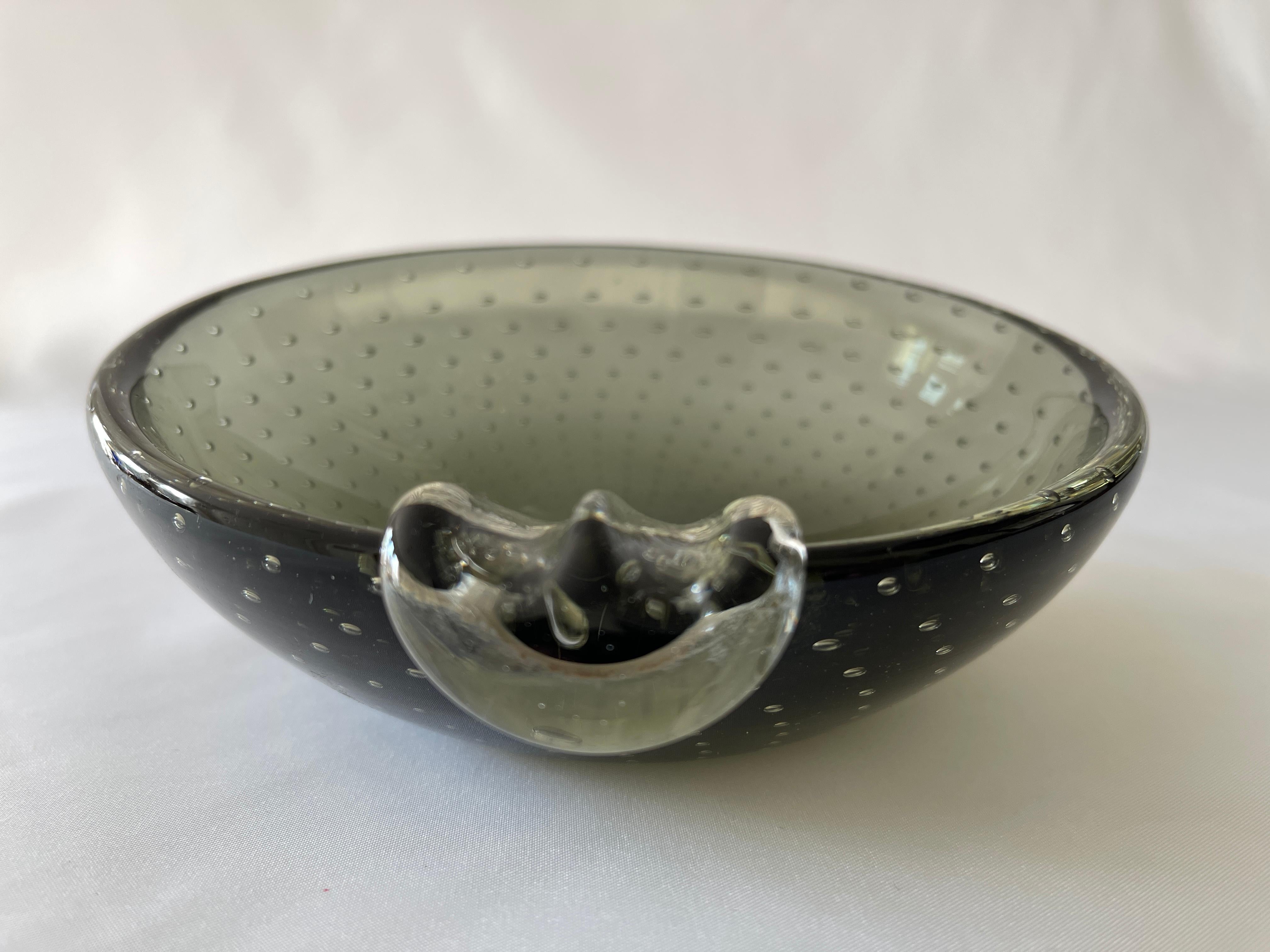 Hand Blown 1960's Smoke Grey Murano Glass Bullicante Bowl / Ashtray 3