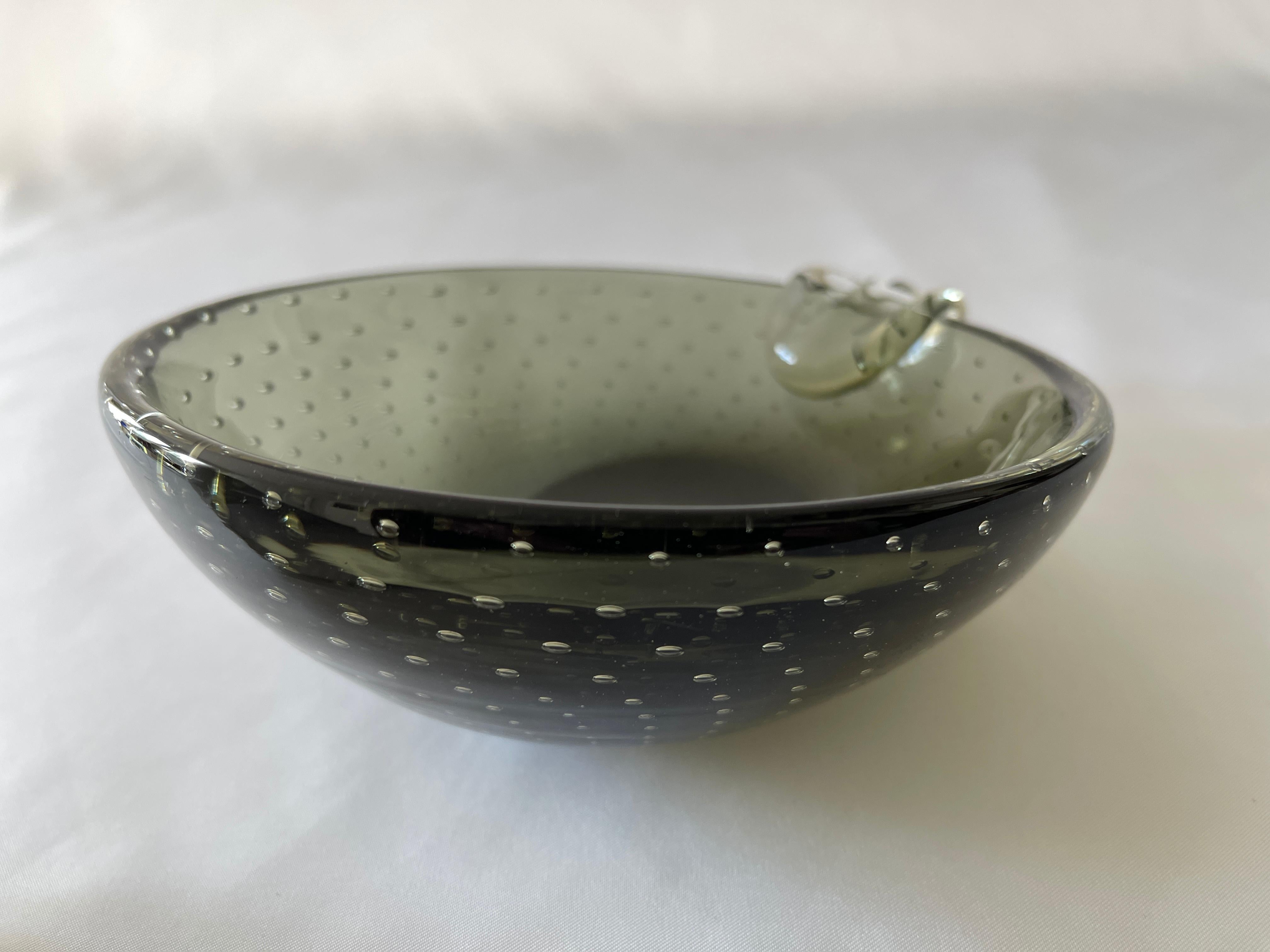Hand Blown 1960's Smoke Grey Murano Glass Bullicante Bowl / Ashtray 6