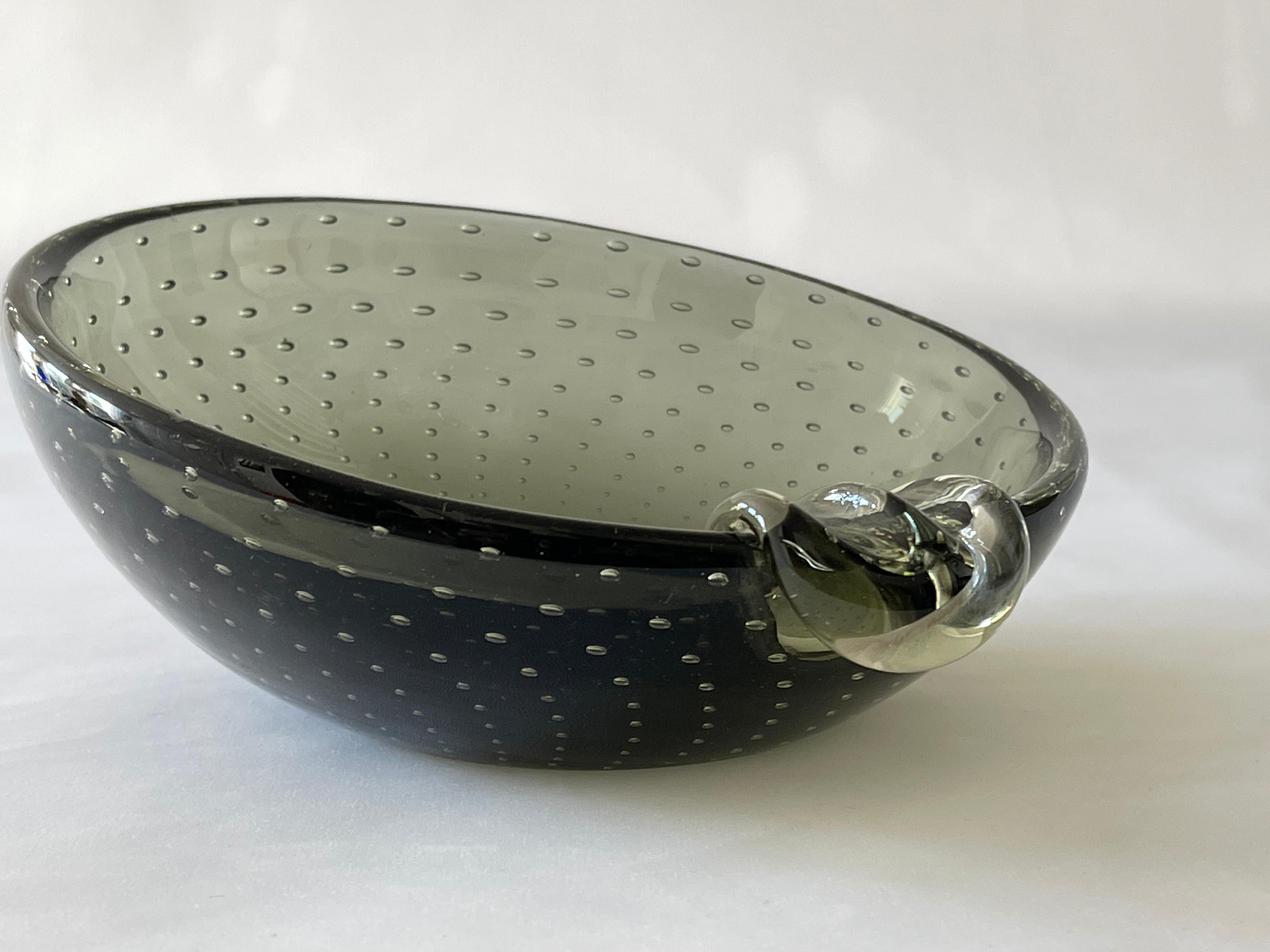 Mid-Century Modern Hand Blown 1960's Smoke Grey Murano Glass Bullicante Bowl / Ashtray