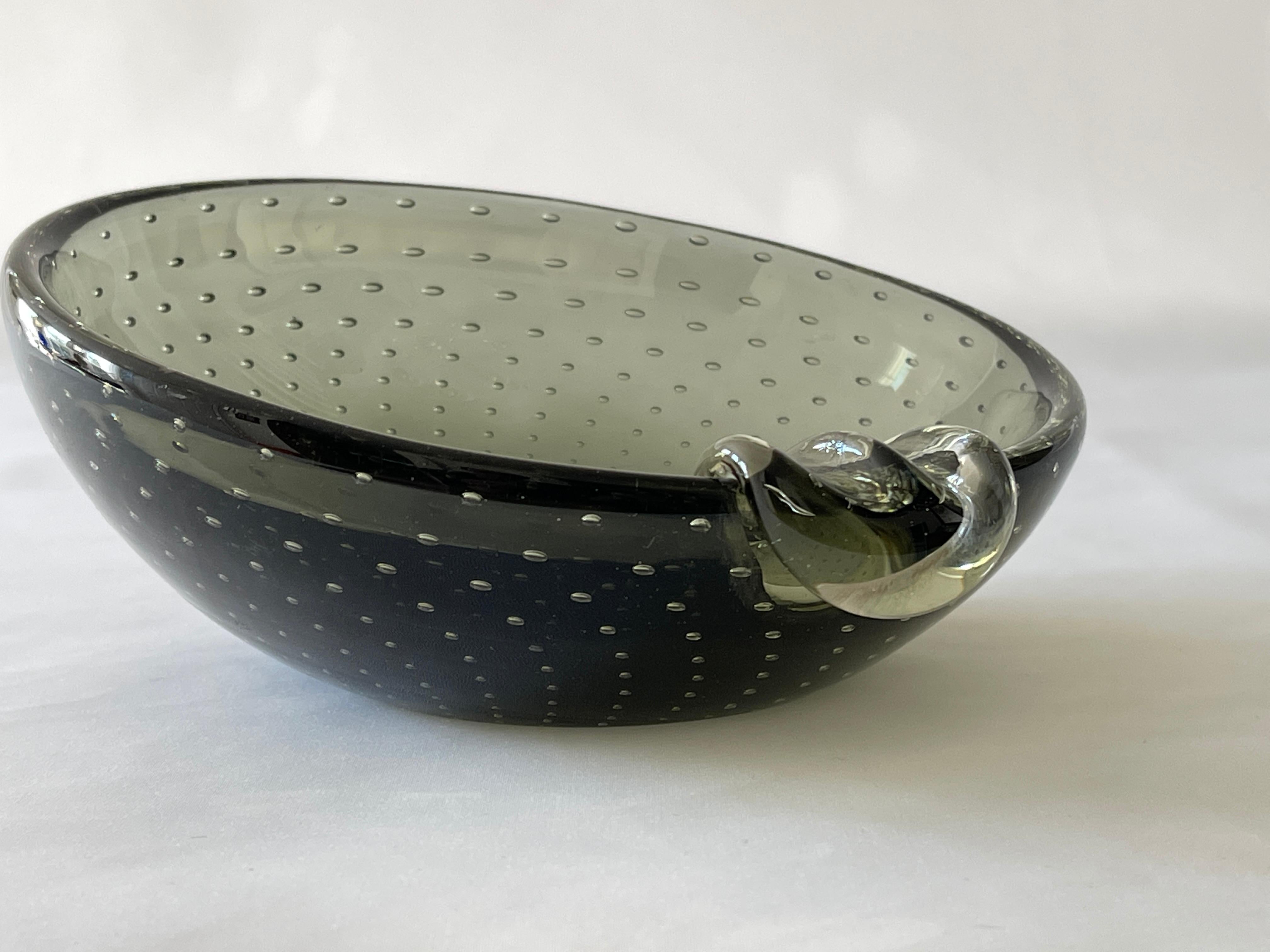 Italian Hand Blown 1960's Smoke Grey Murano Glass Bullicante Bowl / Ashtray