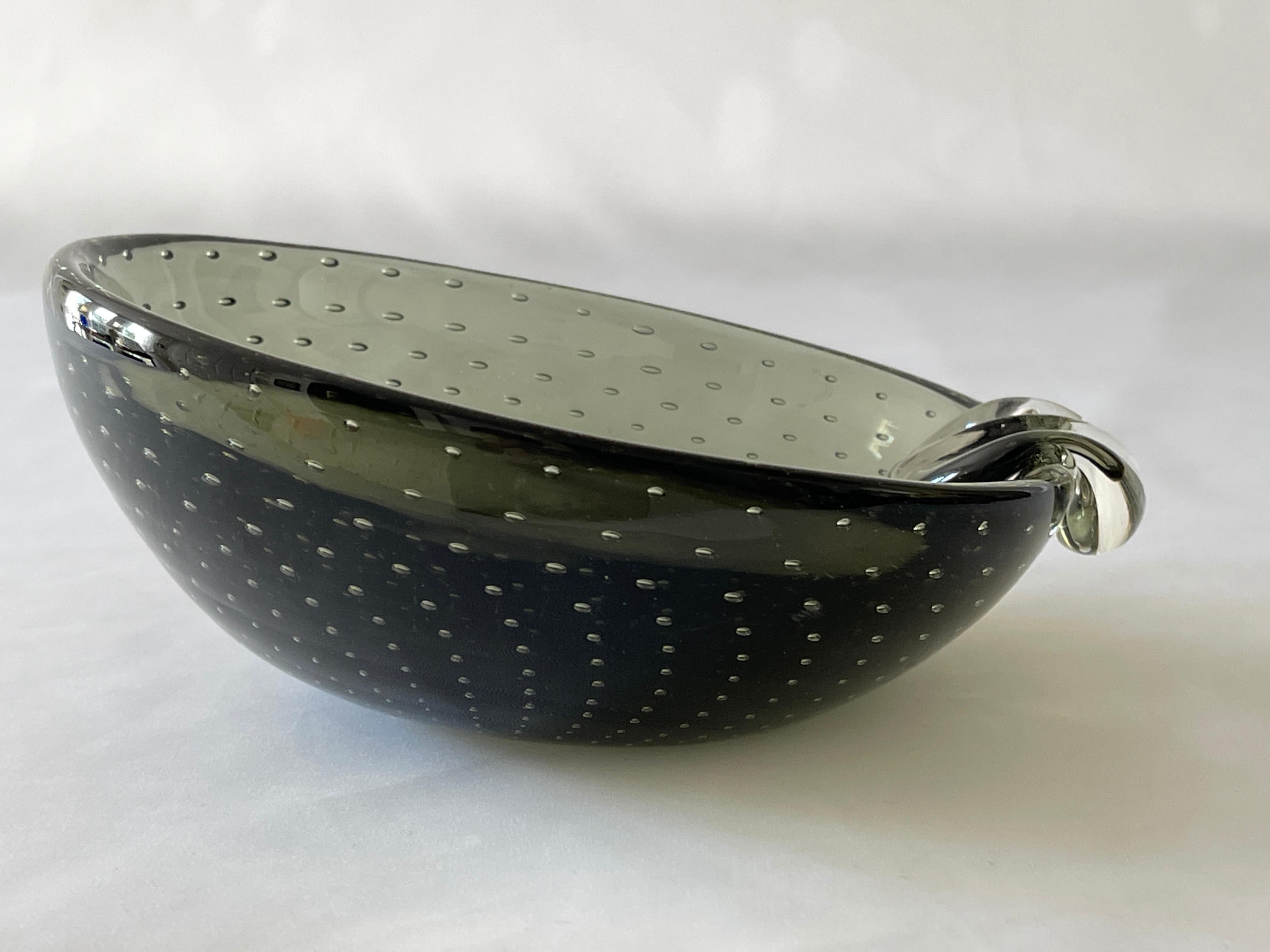 Hand-Crafted Hand Blown 1960's Smoke Grey Murano Glass Bullicante Bowl / Ashtray