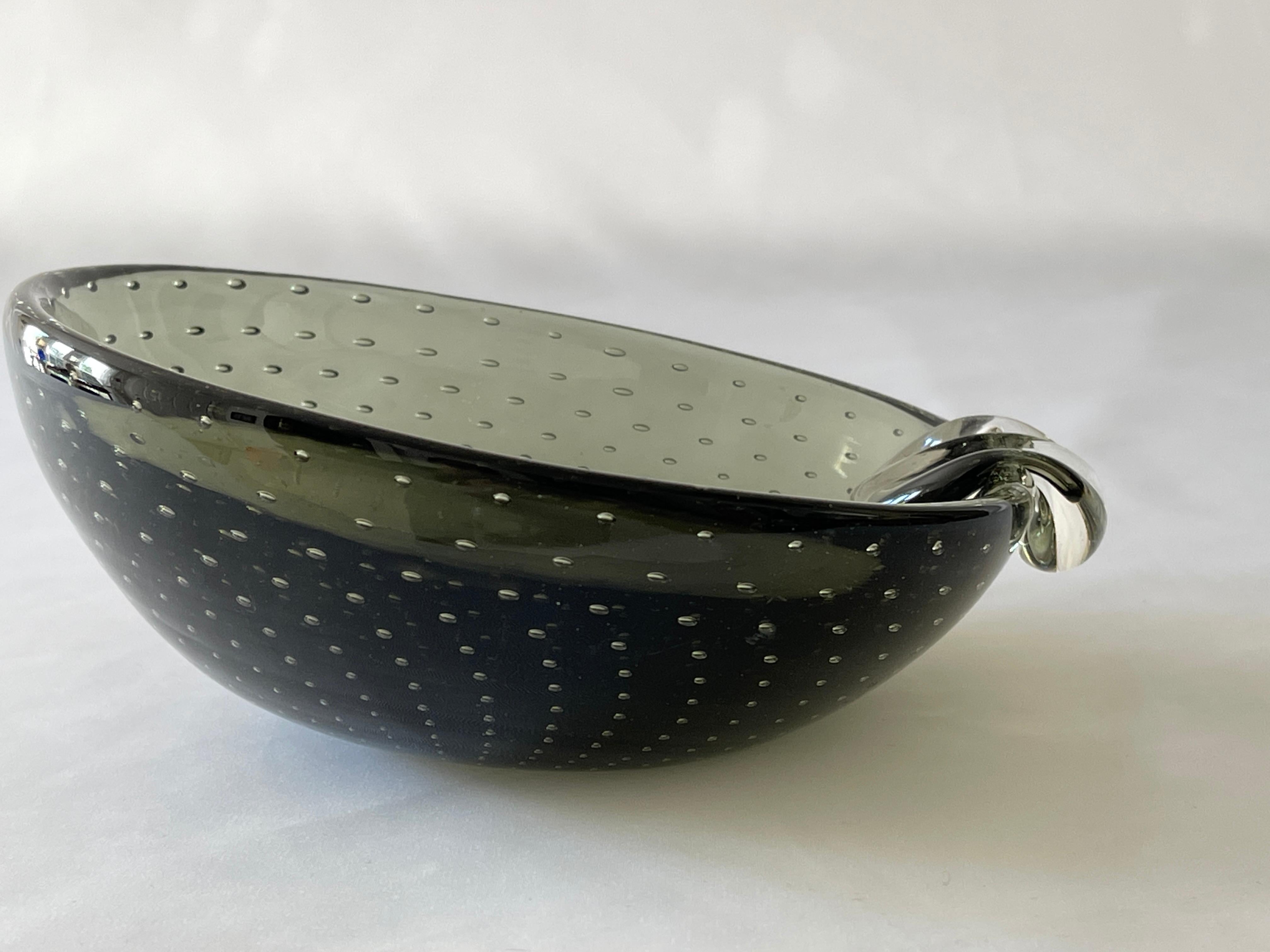 Hand Blown 1960's Smoke Grey Murano Glass Bullicante Bowl / Ashtray In Good Condition In New York, NY