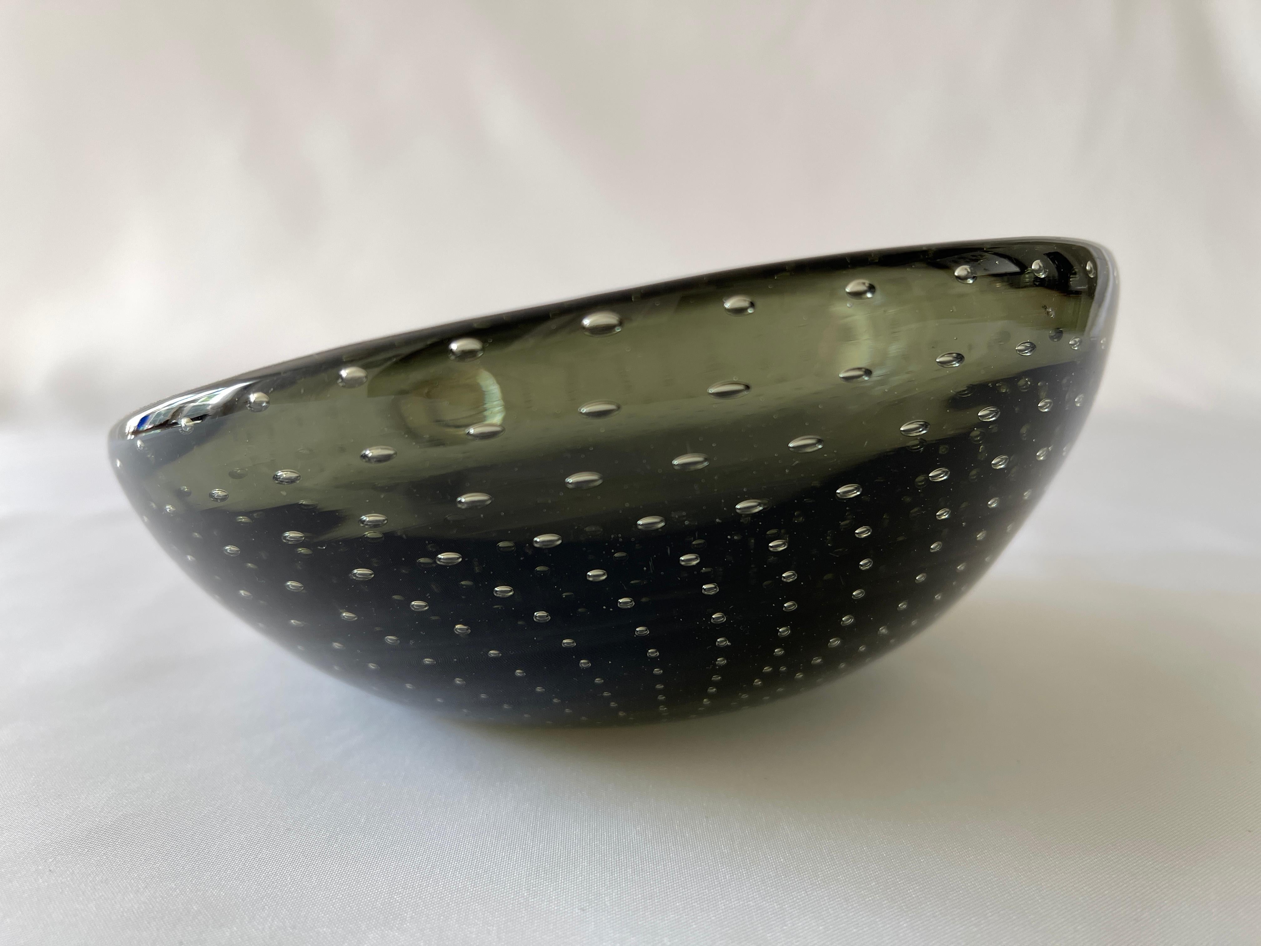 Hand Blown 1960's Smoke Grey Murano Glass Bullicante Bowl / Ashtray 1