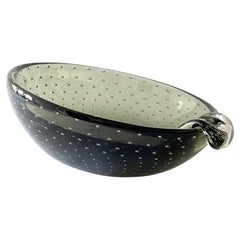 Hand Blown 1960's Smoke Grey Murano Glass Bullicante Bowl / Ashtray